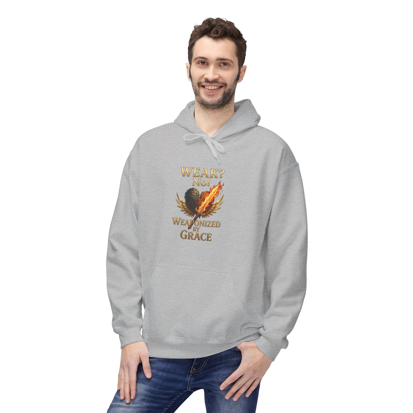 Grace-Armored Hoodie — "Weak? No, Weaponized by Grace" Christian Faith Pullover