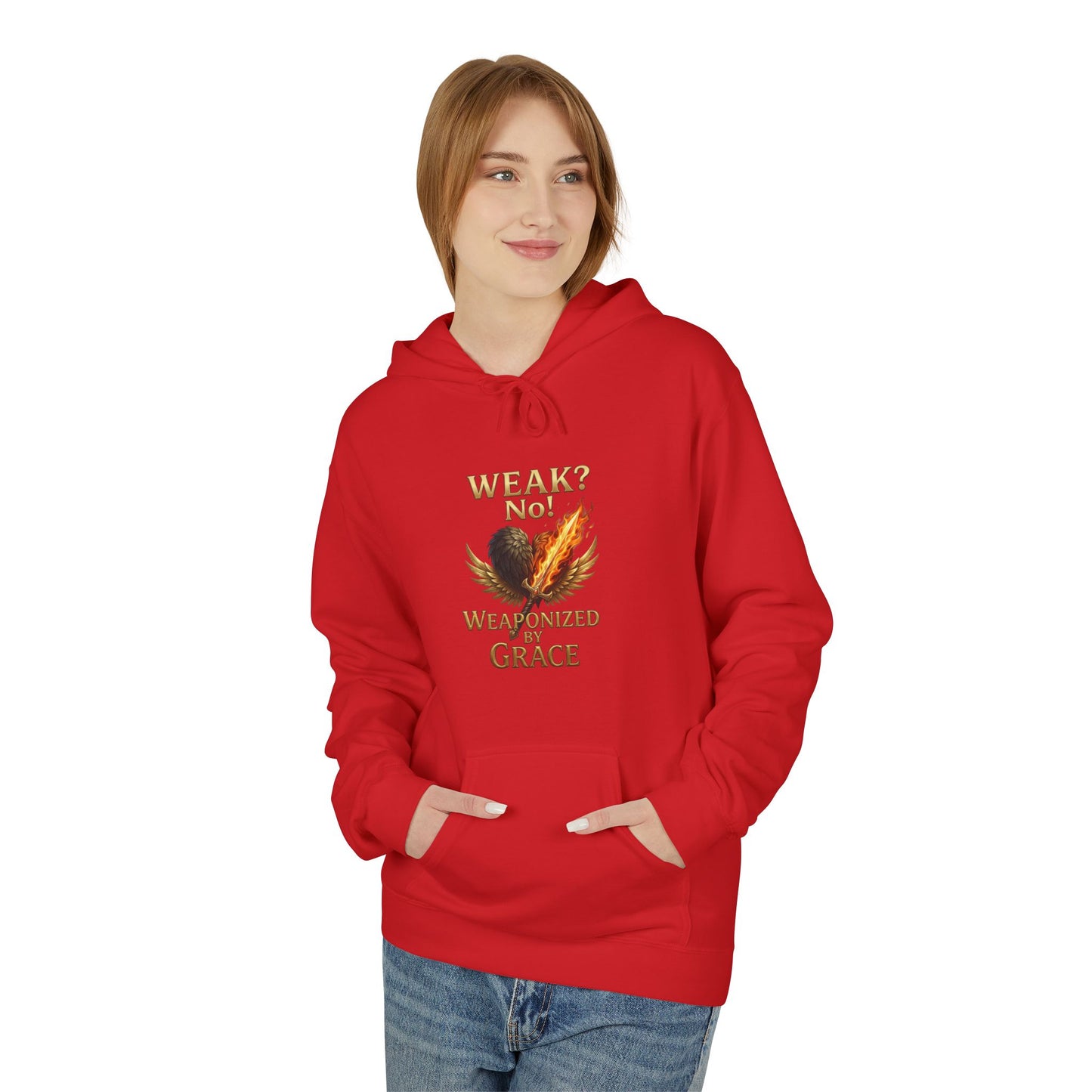 Grace-Armored Hoodie — "Weak? No, Weaponized by Grace" Christian Faith Pullover