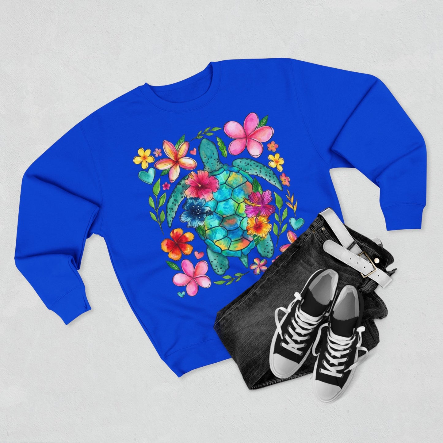 Floral Sea Turtle Sweatshirt — Colorful Watercolor Turtle & Flowers Crewneck