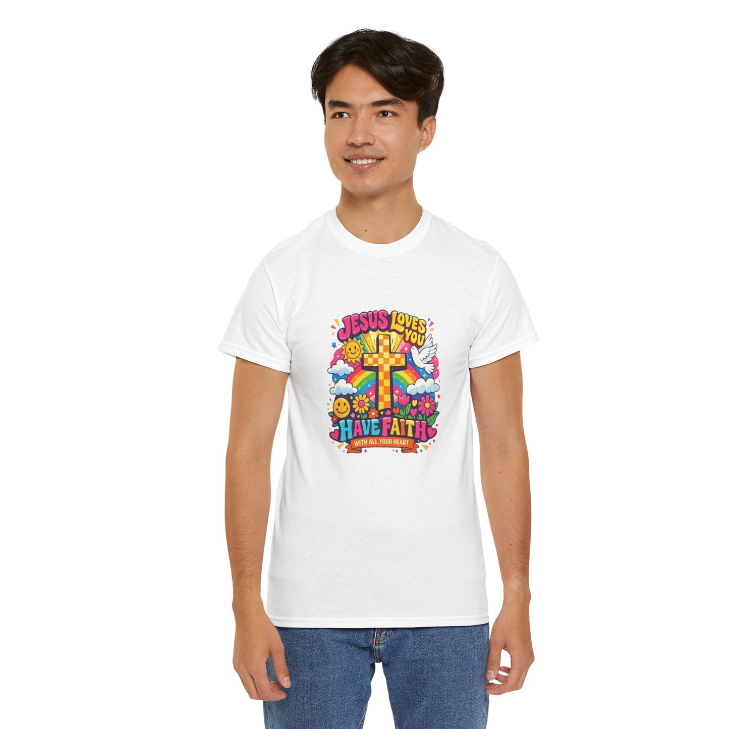 Christian Cross T-Shirt — "Jesus Loves You, Have Faith" Colorful Faith Tee