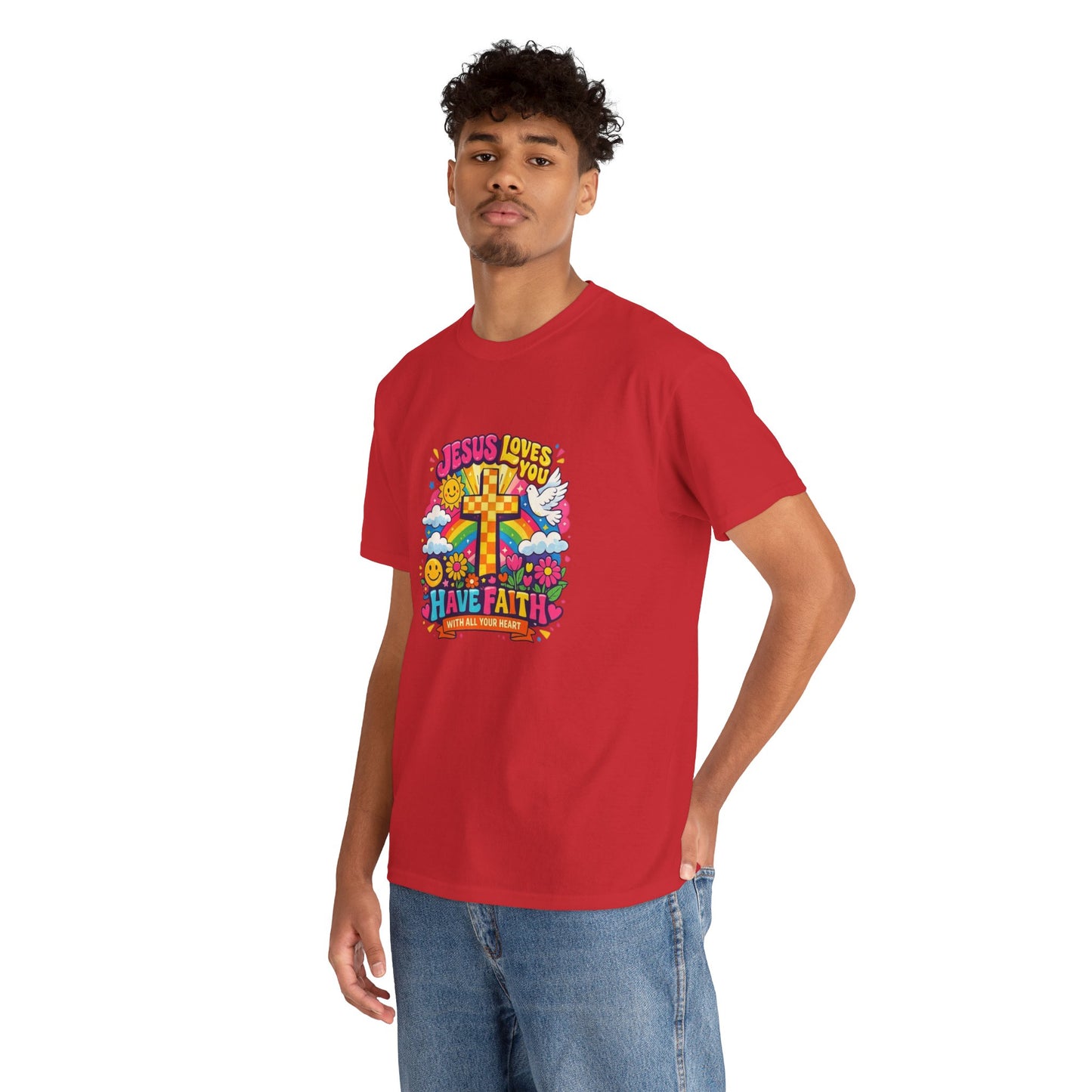 Christian Cross T-Shirt — "Jesus Loves You, Have Faith" Colorful Faith Tee
