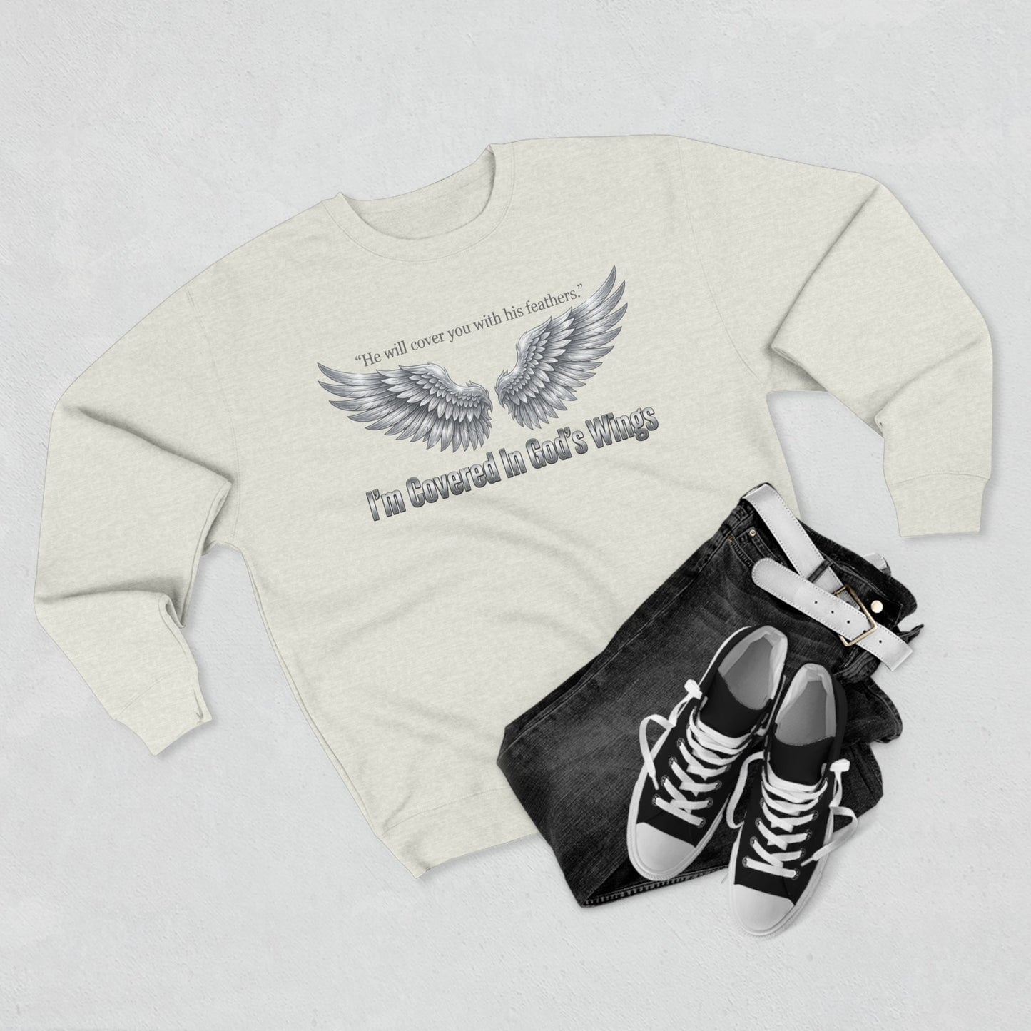 Angel Wings Crewneck Sweatshirt — “I’m Covered In God’s Wings” Inspirational Pullover
