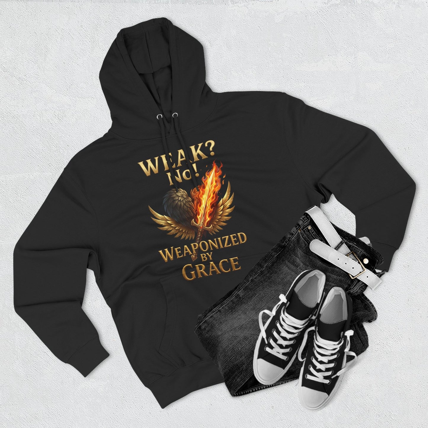 Hoodie - "Weak? No. Weaponized by Grace" Christian Inspirational Pullover