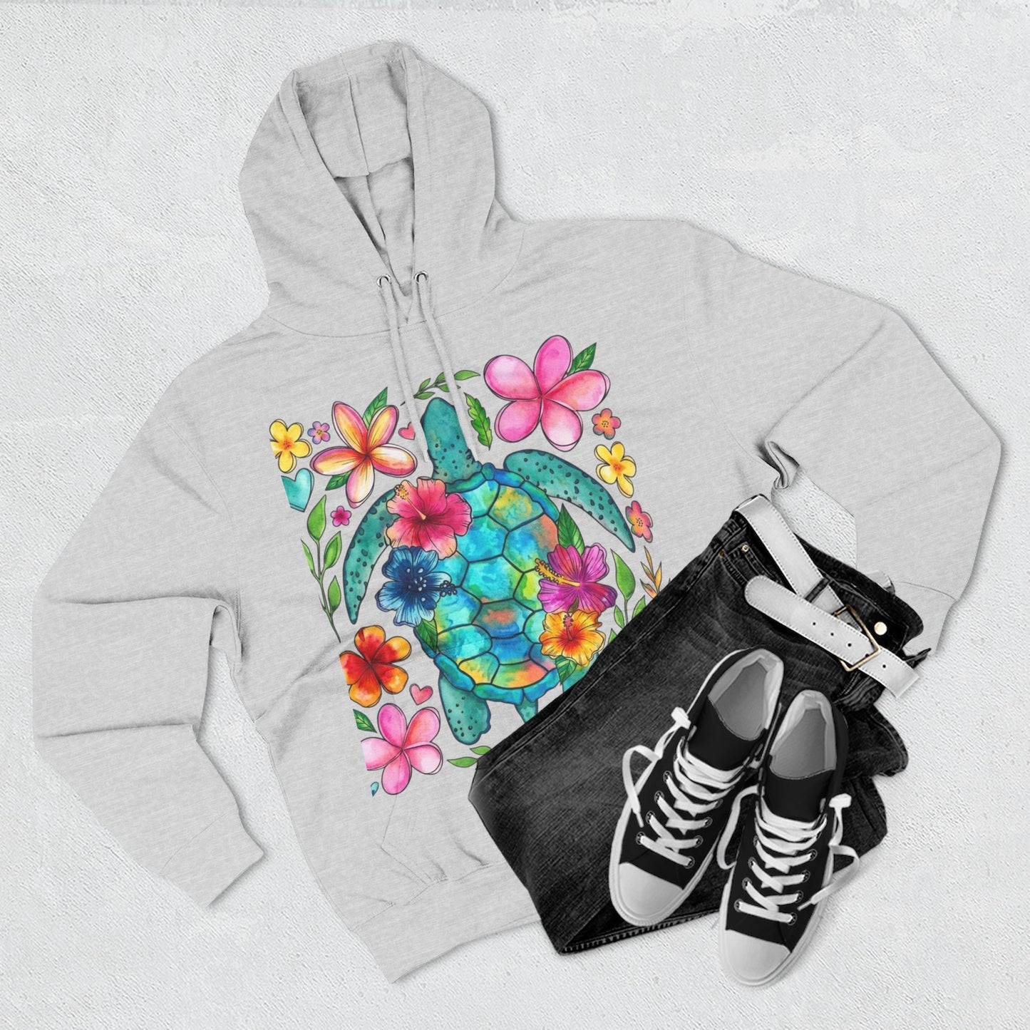 Turtle Floral Hoodie - Watercolor Sea Turtle with Tropical Flowers Fleece Pullover