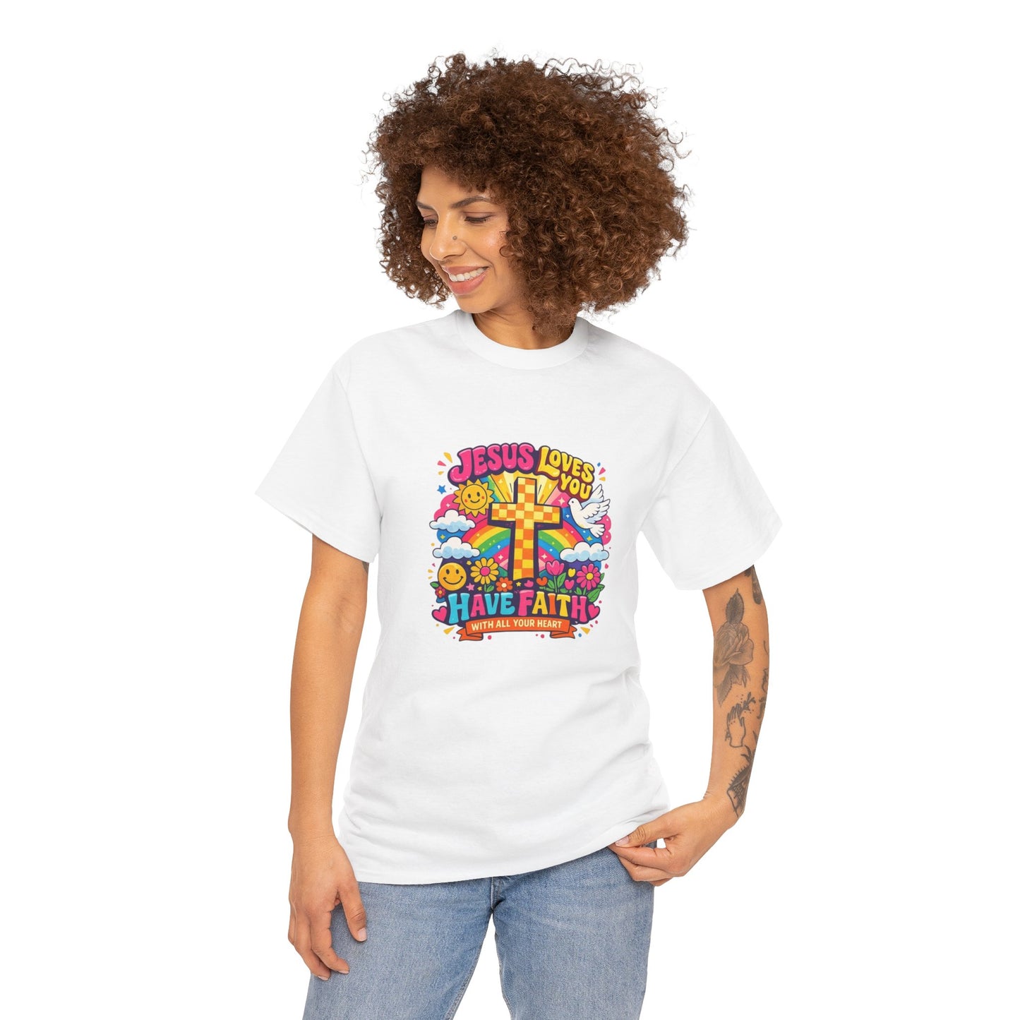 Christian Cross T-Shirt — "Jesus Loves You, Have Faith" Colorful Faith Tee