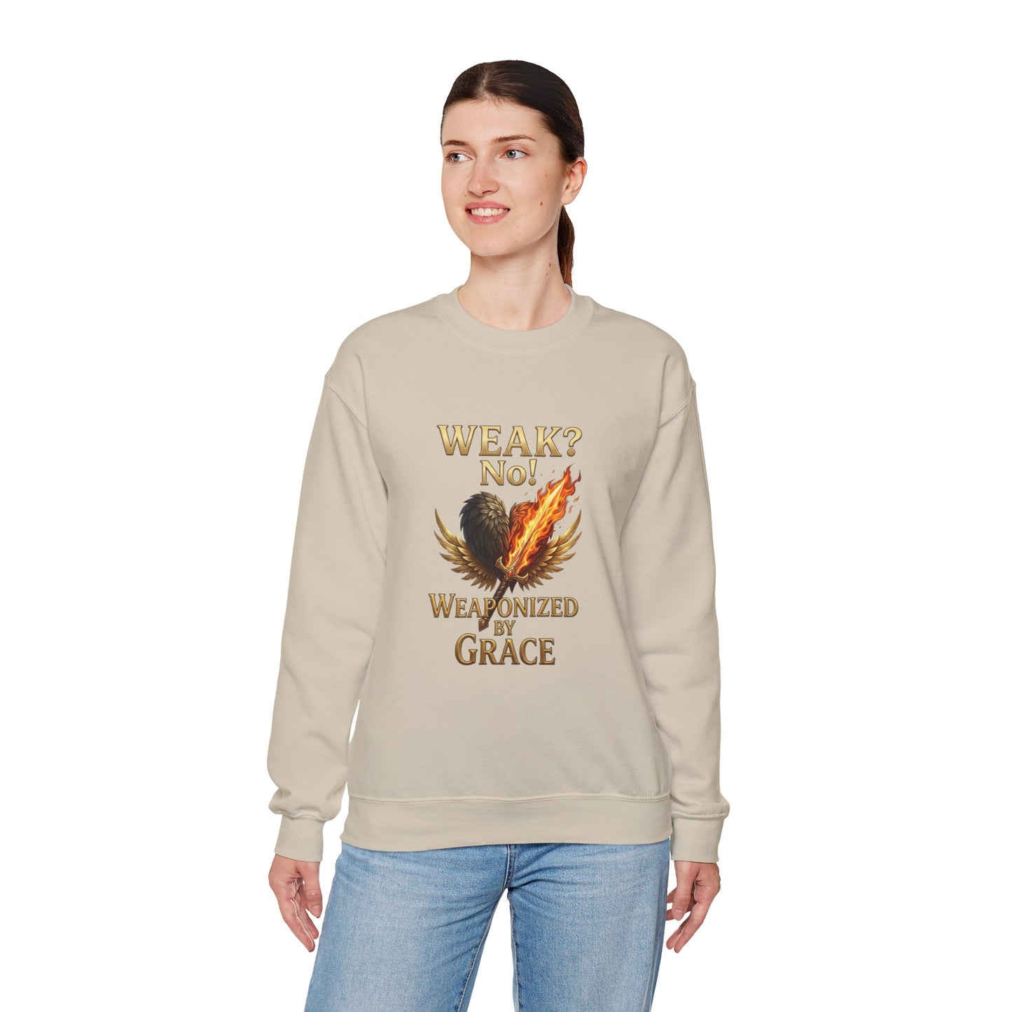Women's/Unisex Sweatshirt: "Weak? No! Weaponized by Grace" Inspirational Christian Crewneck