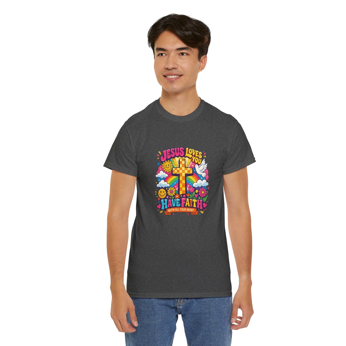 Christian Cross T-Shirt — "Jesus Loves You, Have Faith" Colorful Faith Tee