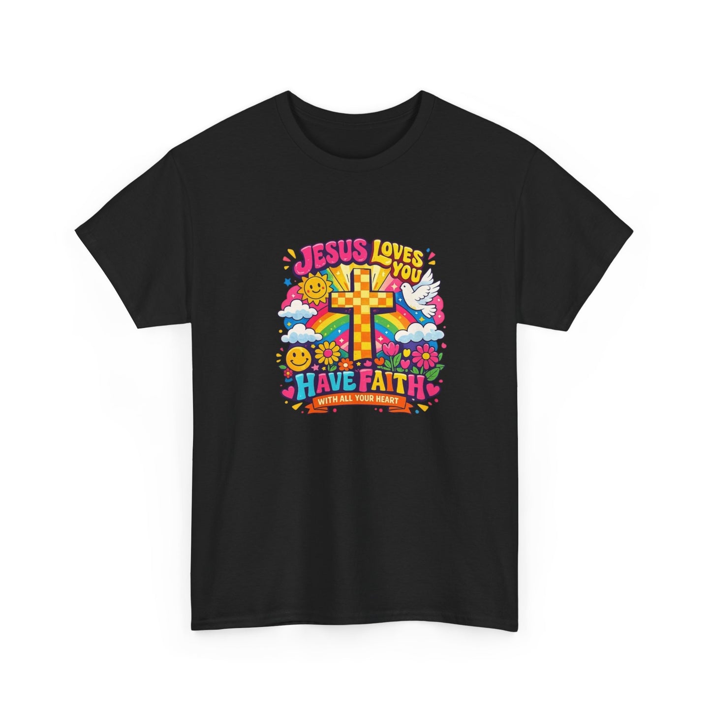 Christian Cross T-Shirt — "Jesus Loves You, Have Faith" Colorful Faith Tee