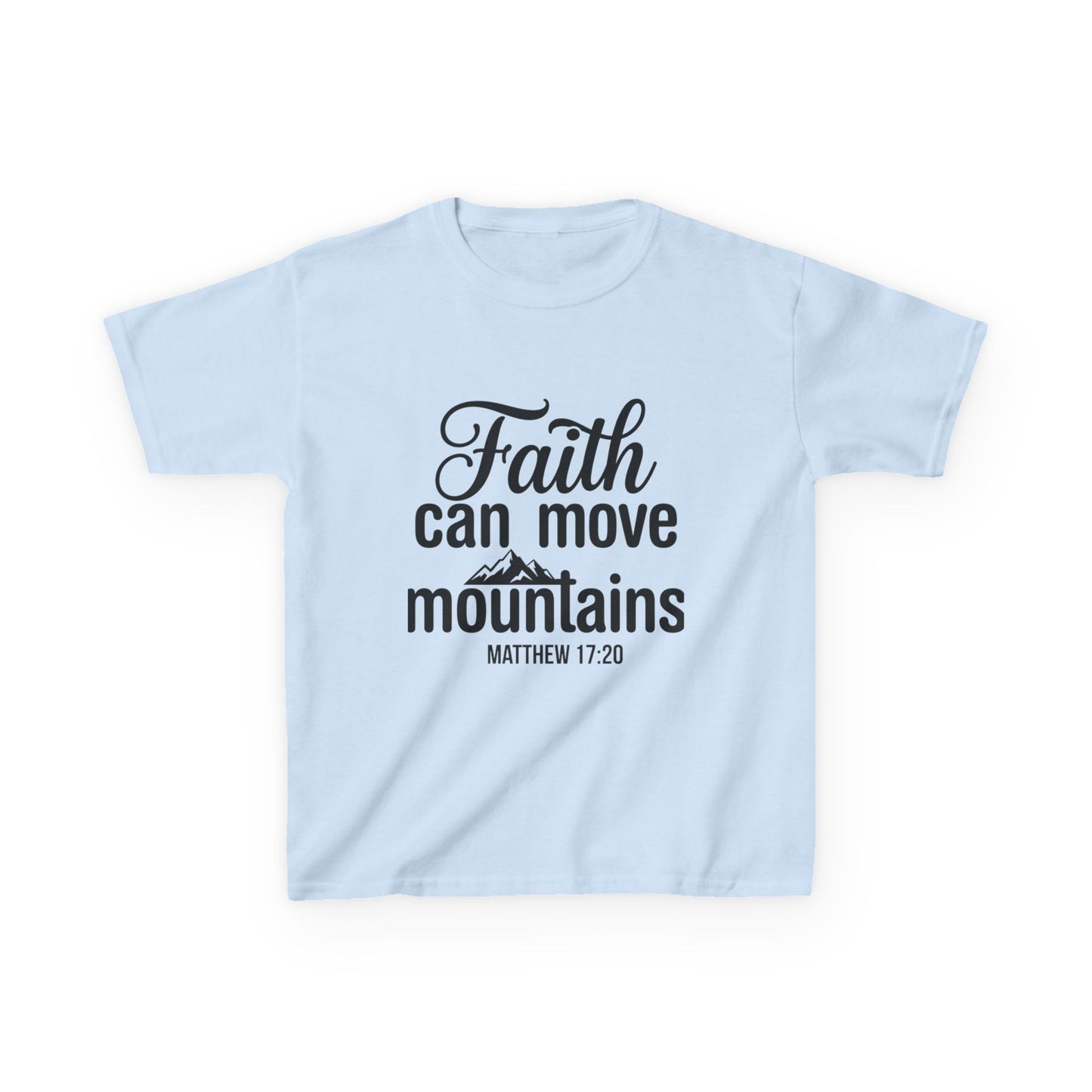 Kids Tee - "Faith Can Move Mountains" Christian Scripture Shirt (Matthew 17:20)