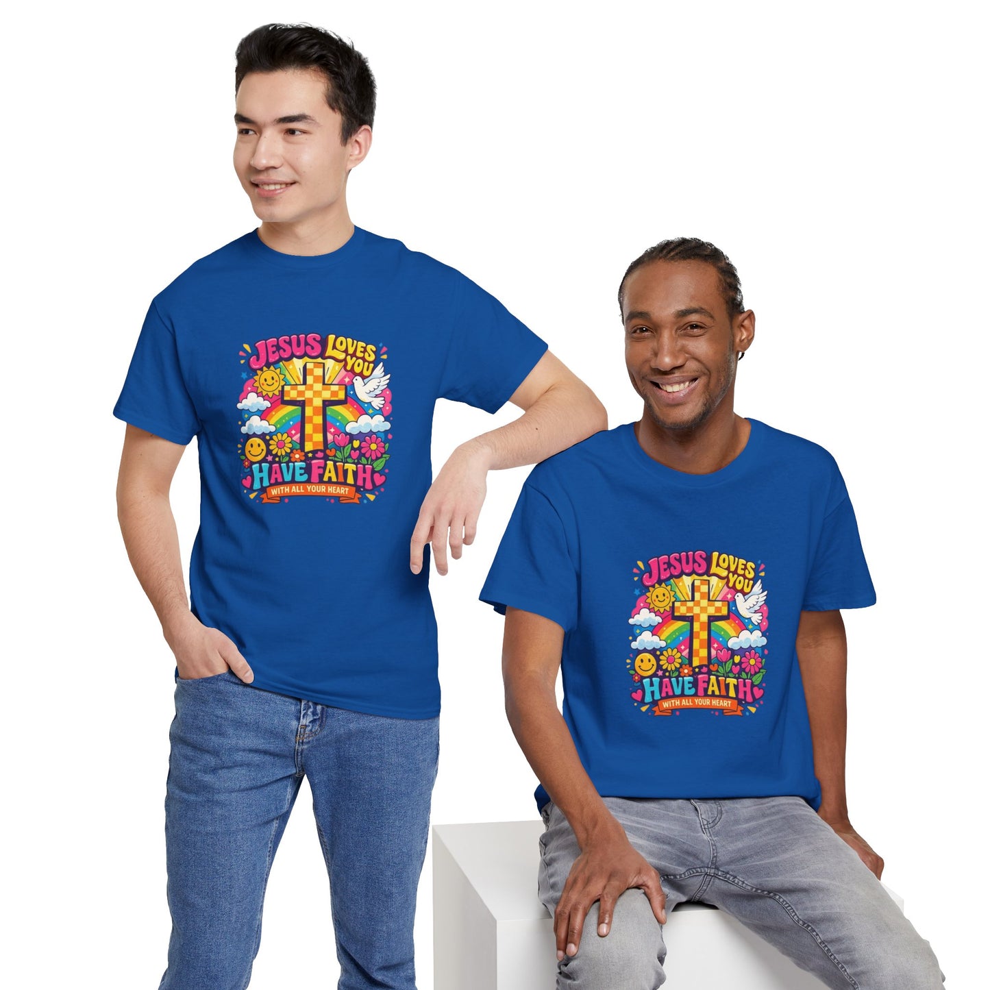 Christian Cross T-Shirt — "Jesus Loves You, Have Faith" Colorful Faith Tee