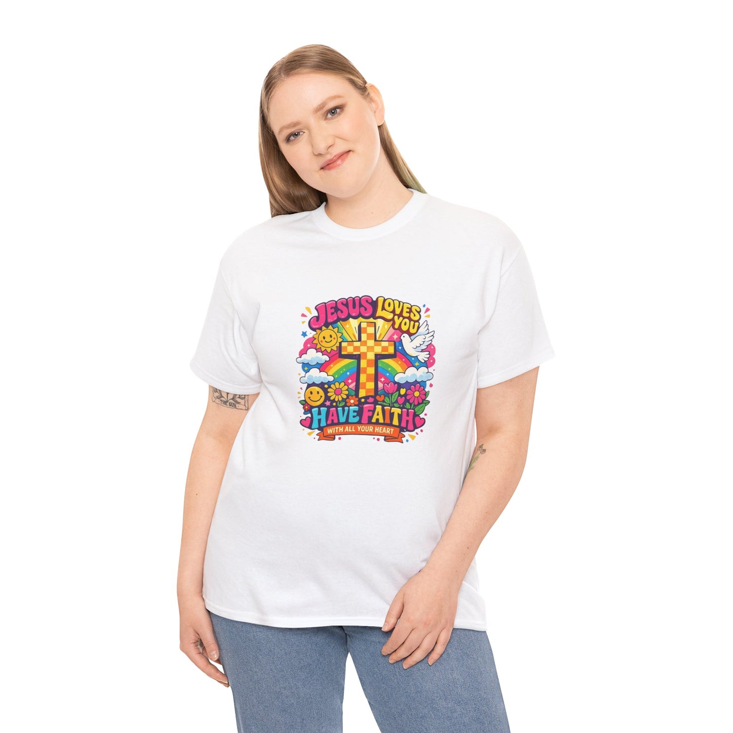 Christian Cross T-Shirt — "Jesus Loves You, Have Faith" Colorful Faith Tee
