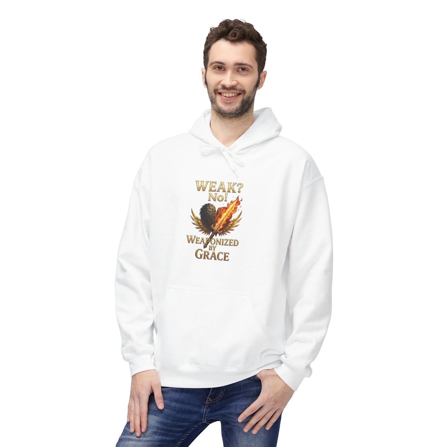 Grace-Armored Hoodie — "Weak? No, Weaponized by Grace" Christian Faith Pullover