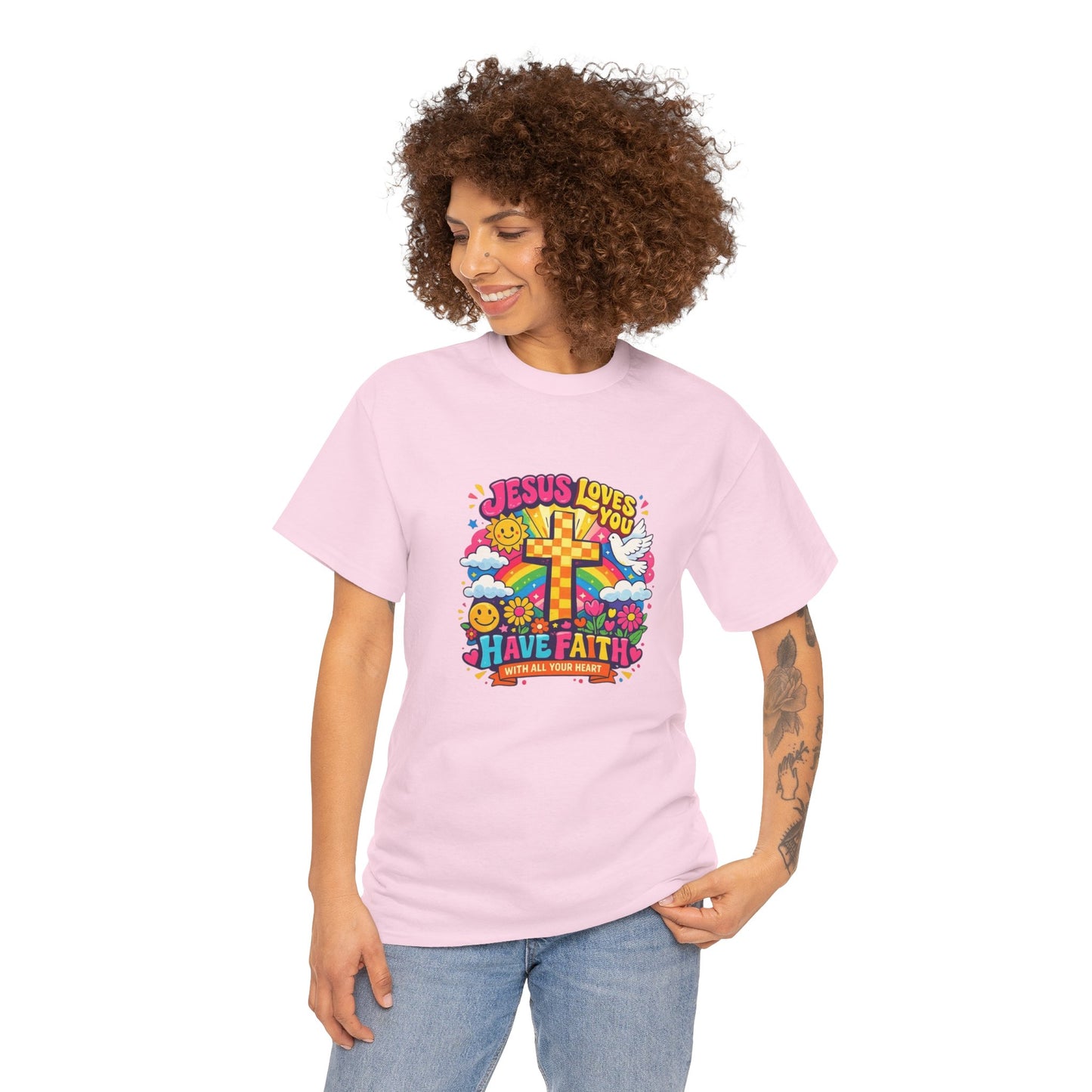 Christian Cross T-Shirt — "Jesus Loves You, Have Faith" Colorful Faith Tee