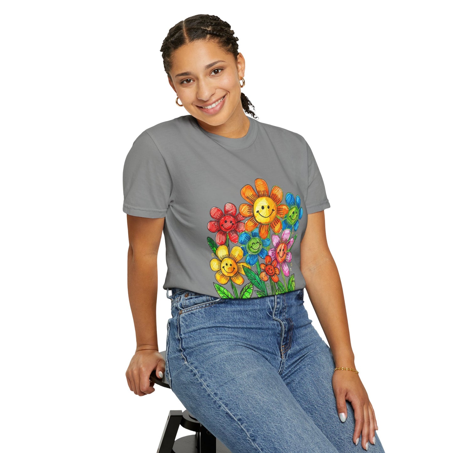 Smiling Rainbow Flower Graphic T-Shirt