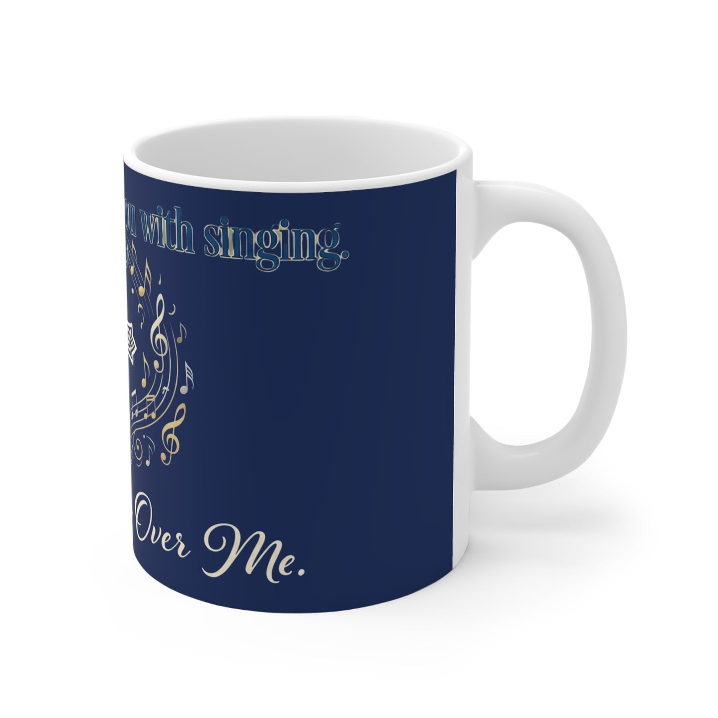Religious Cross Music Mug — “He Will Rejoice Over You With Singing / Heaven Sings Over You”