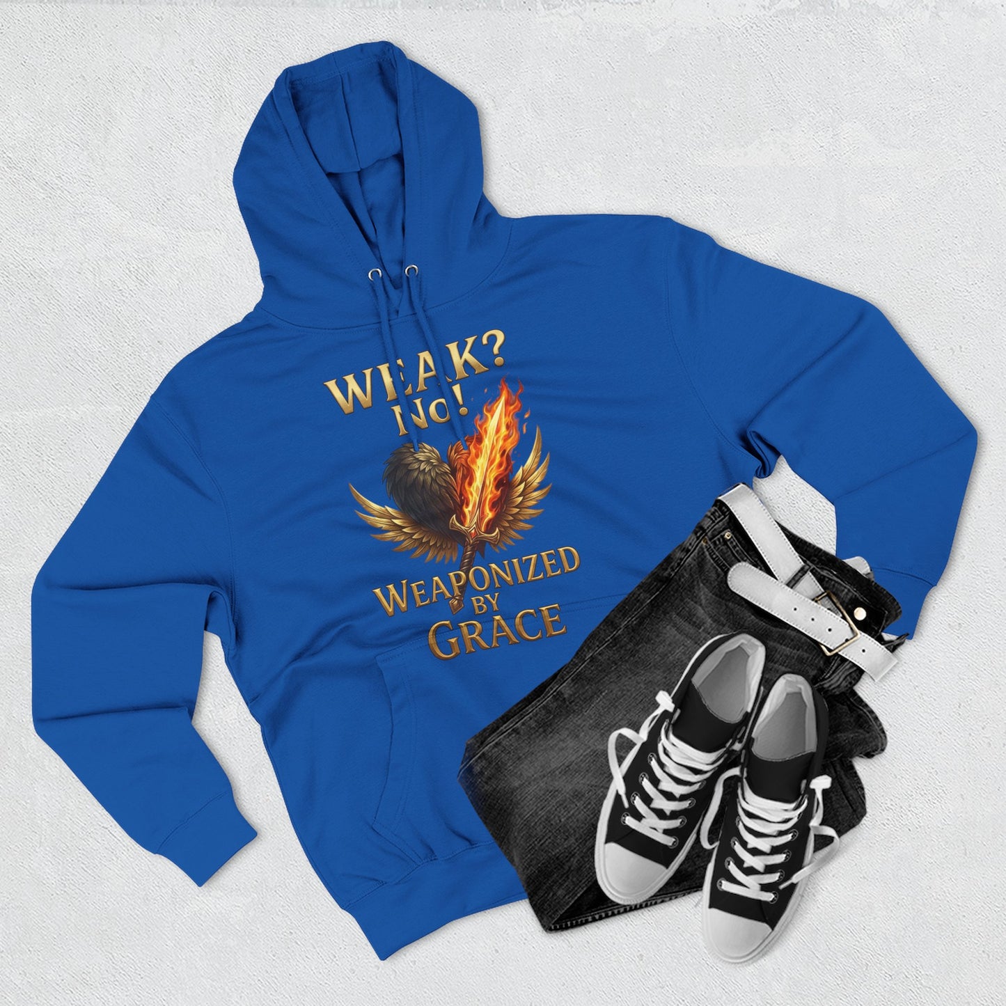 Hoodie - "Weak? No. Weaponized by Grace" Christian Inspirational Pullover