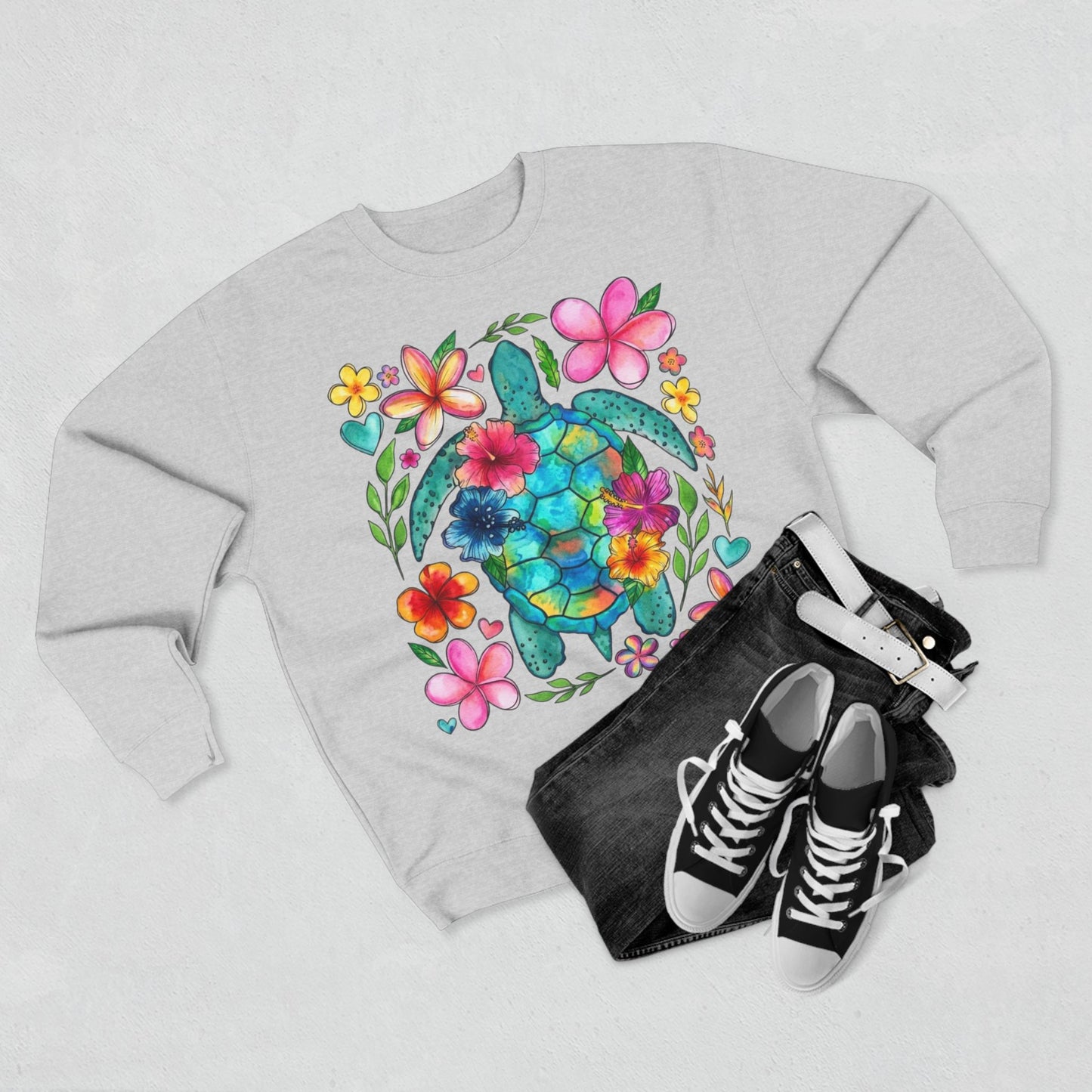 Floral Sea Turtle Sweatshirt — Colorful Watercolor Turtle & Flowers Crewneck