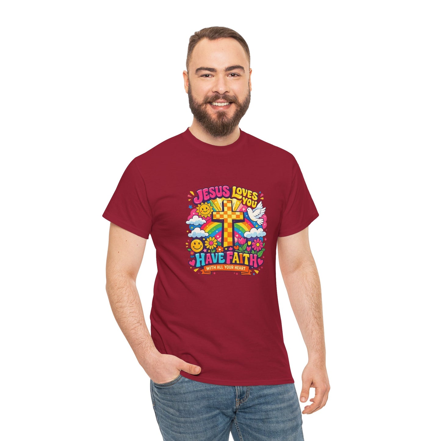 Christian Cross T-Shirt — "Jesus Loves You, Have Faith" Colorful Faith Tee