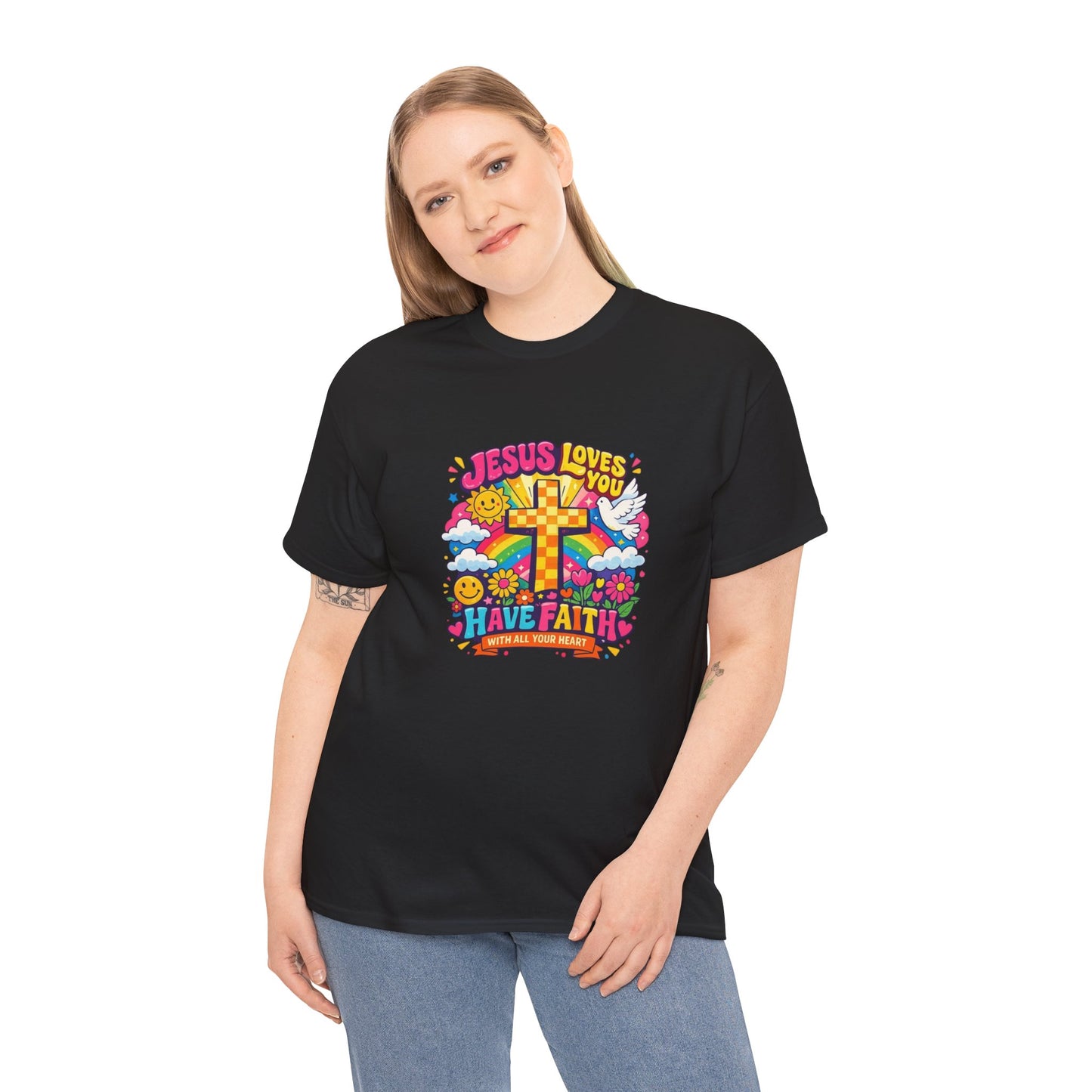 Christian Cross T-Shirt — "Jesus Loves You, Have Faith" Colorful Faith Tee