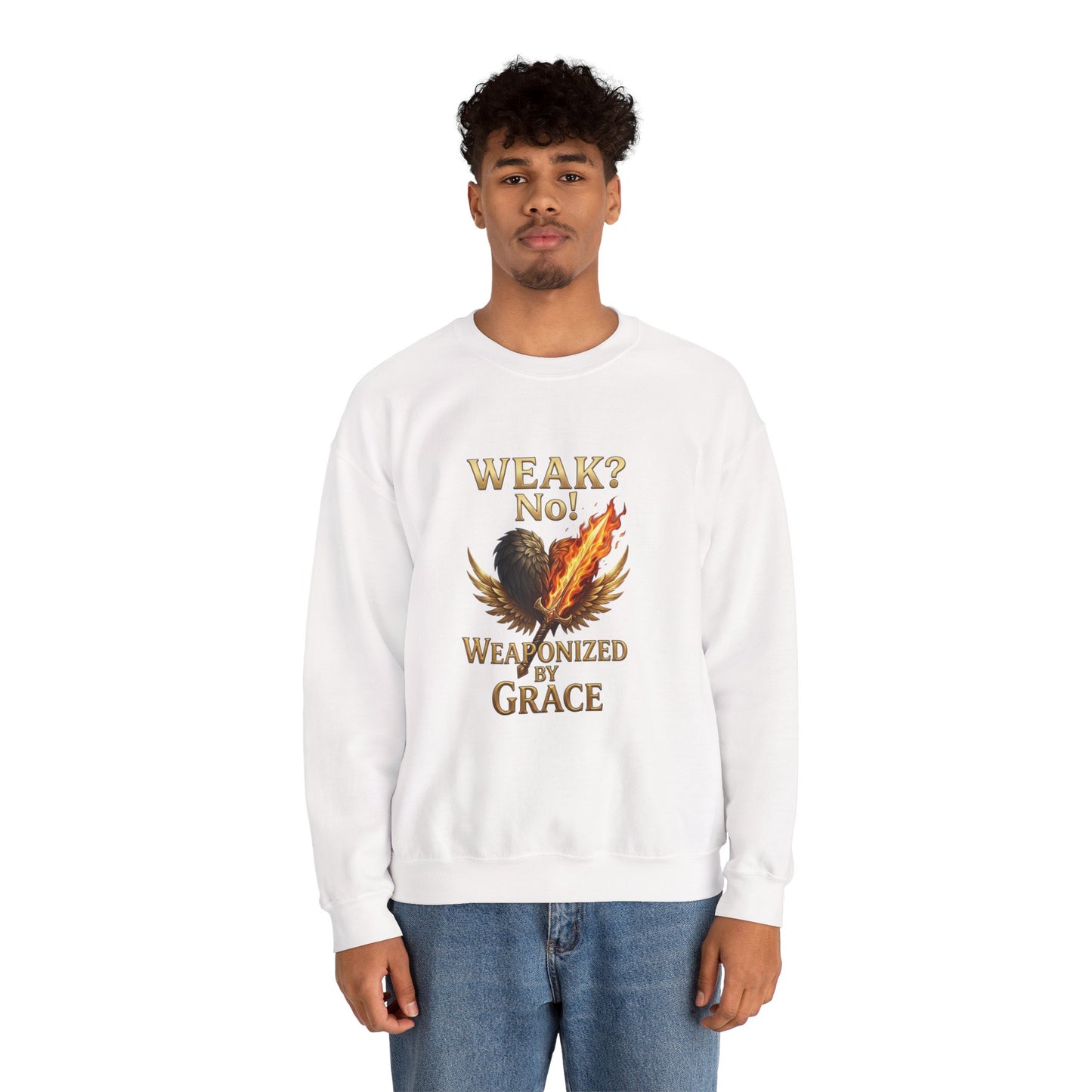 Women's/Unisex Sweatshirt: "Weak? No! Weaponized by Grace" Inspirational Christian Crewneck