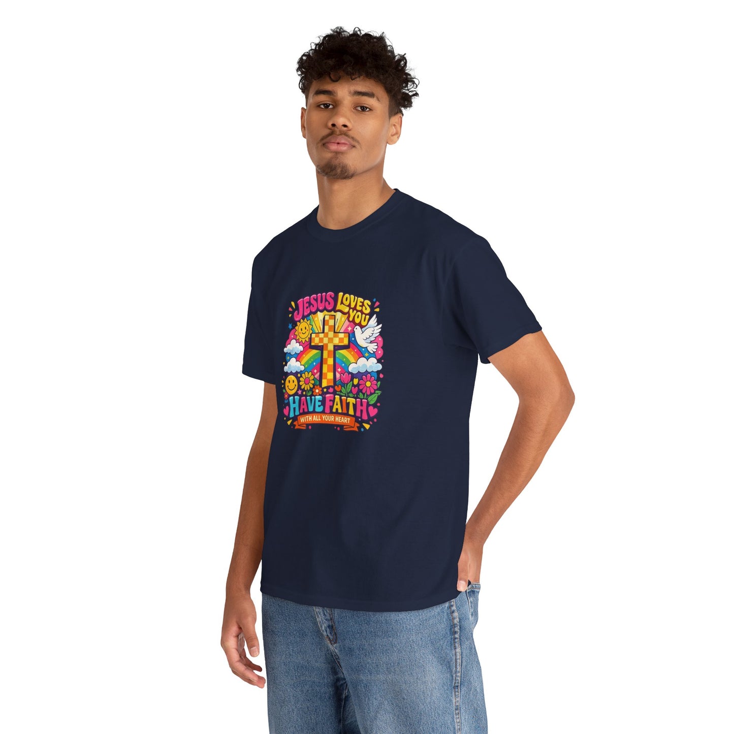 Christian Cross T-Shirt — "Jesus Loves You, Have Faith" Colorful Faith Tee
