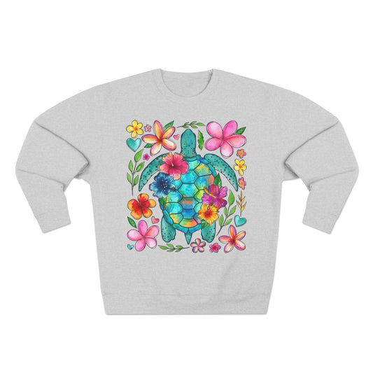 Floral Sea Turtle Sweatshirt — Colorful Watercolor Turtle & Flowers Crewneck