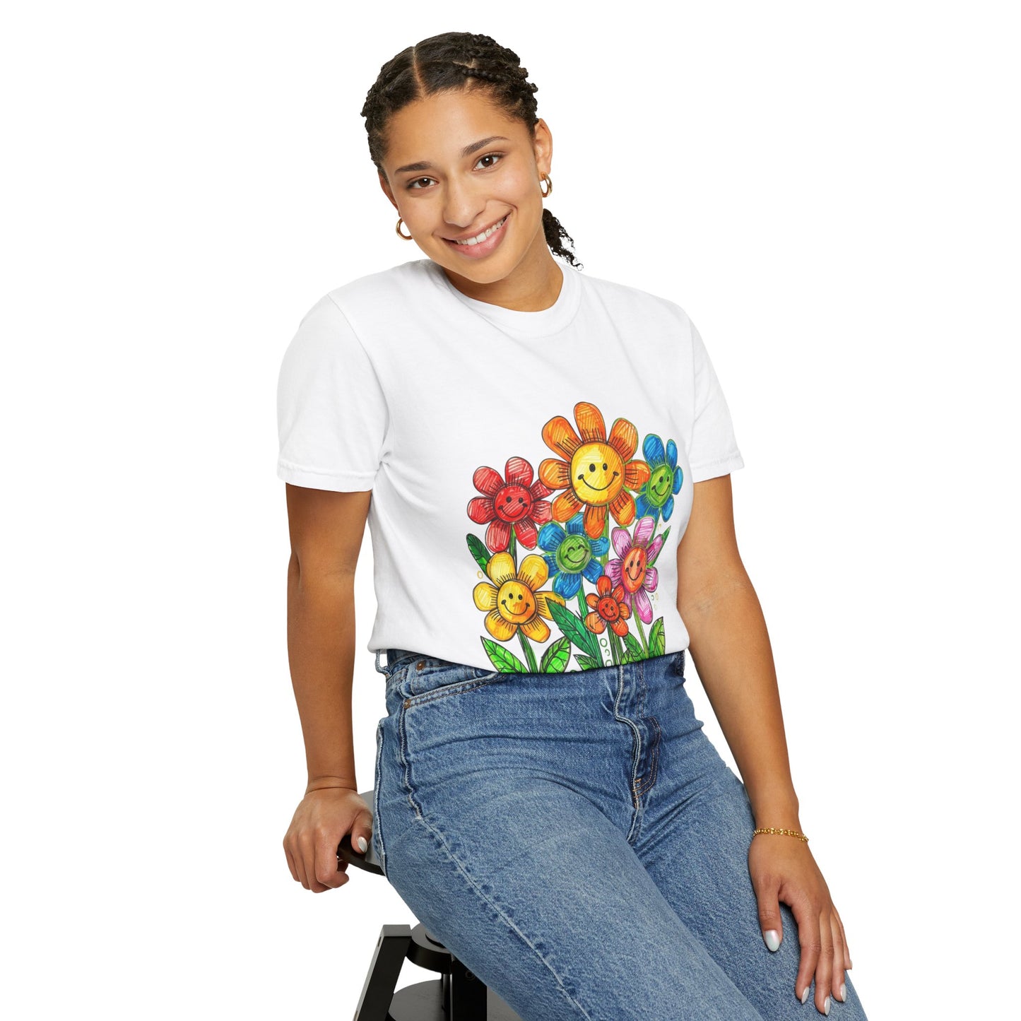 Smiling Rainbow Flower Graphic T-Shirt