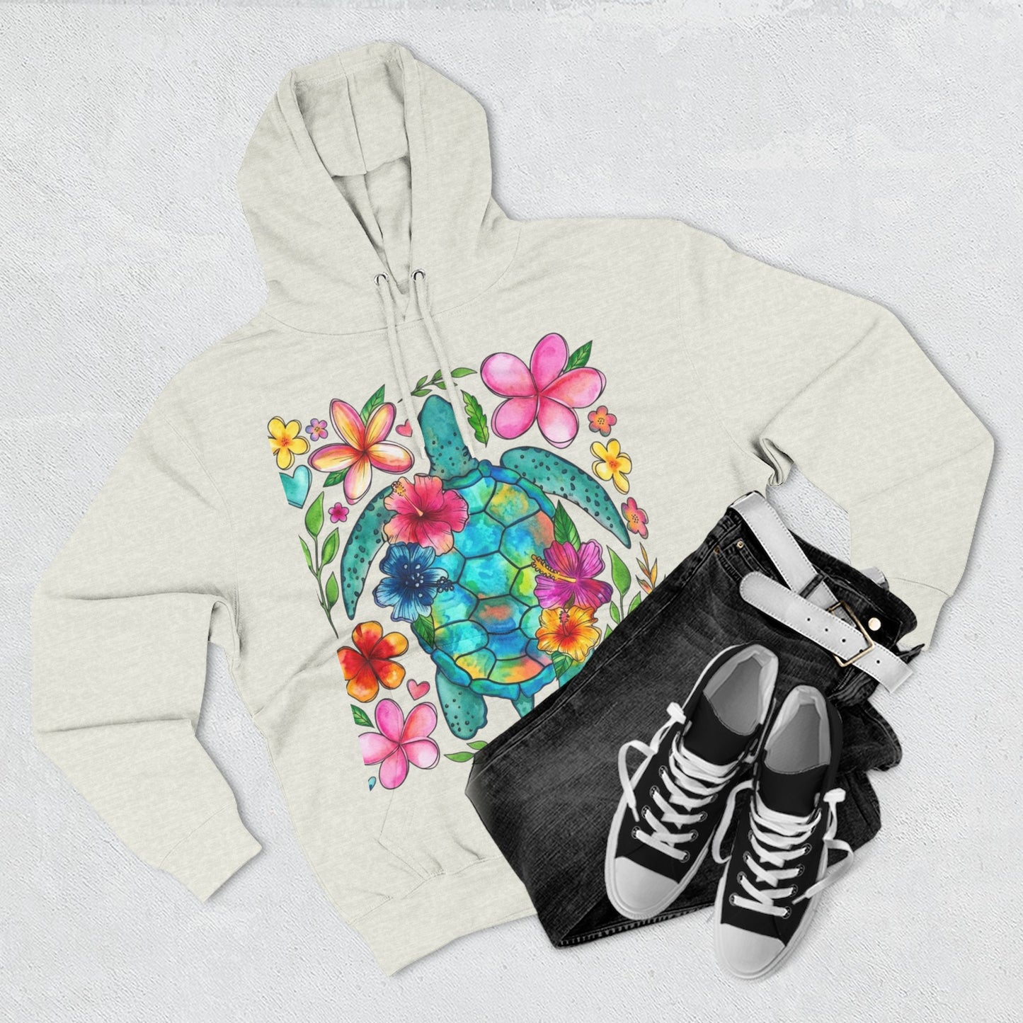 Turtle Floral Hoodie - Watercolor Sea Turtle with Tropical Flowers Fleece Pullover