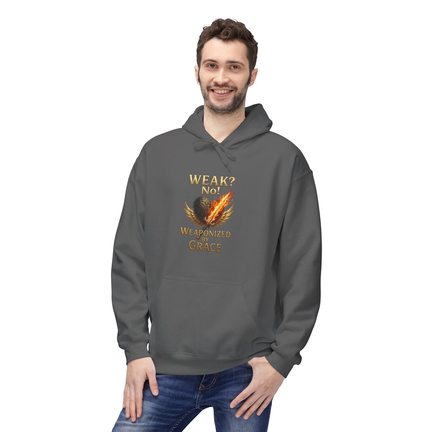 Grace-Armored Hoodie — "Weak? No, Weaponized by Grace" Christian Faith Pullover