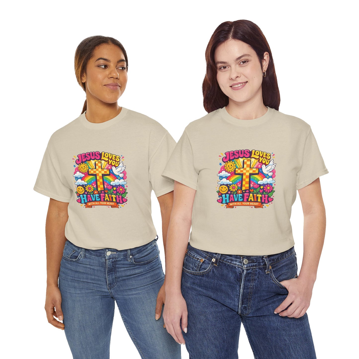 Christian Cross T-Shirt — "Jesus Loves You, Have Faith" Colorful Faith Tee