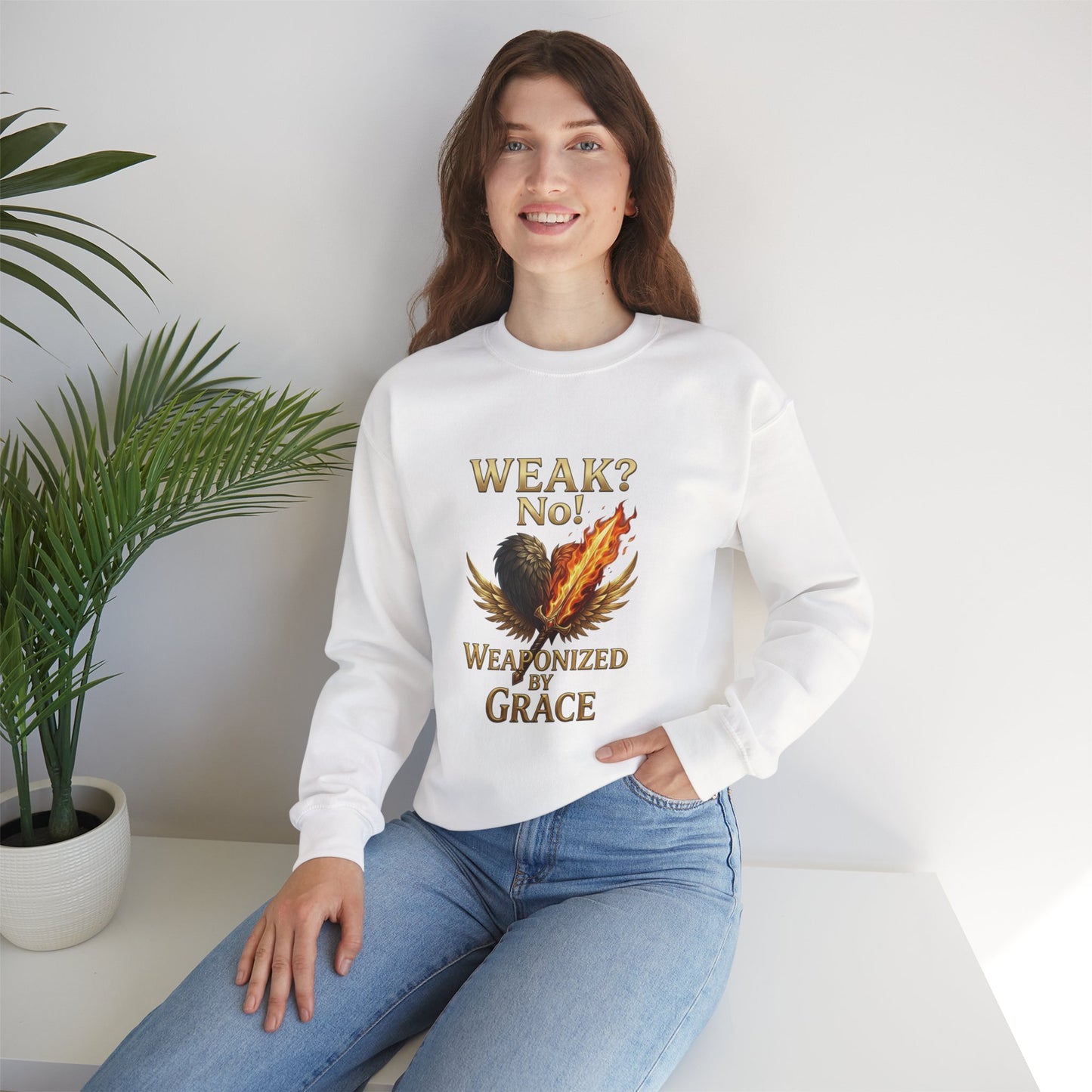 Women's/Unisex Sweatshirt: "Weak? No! Weaponized by Grace" Inspirational Christian Crewneck
