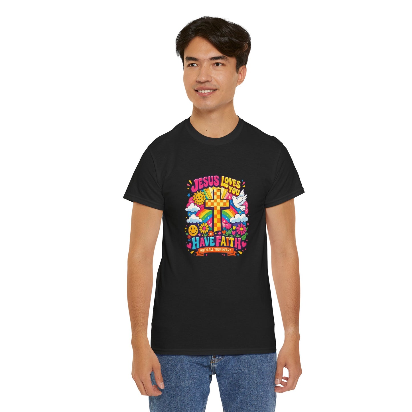 Christian Cross T-Shirt — "Jesus Loves You, Have Faith" Colorful Faith Tee