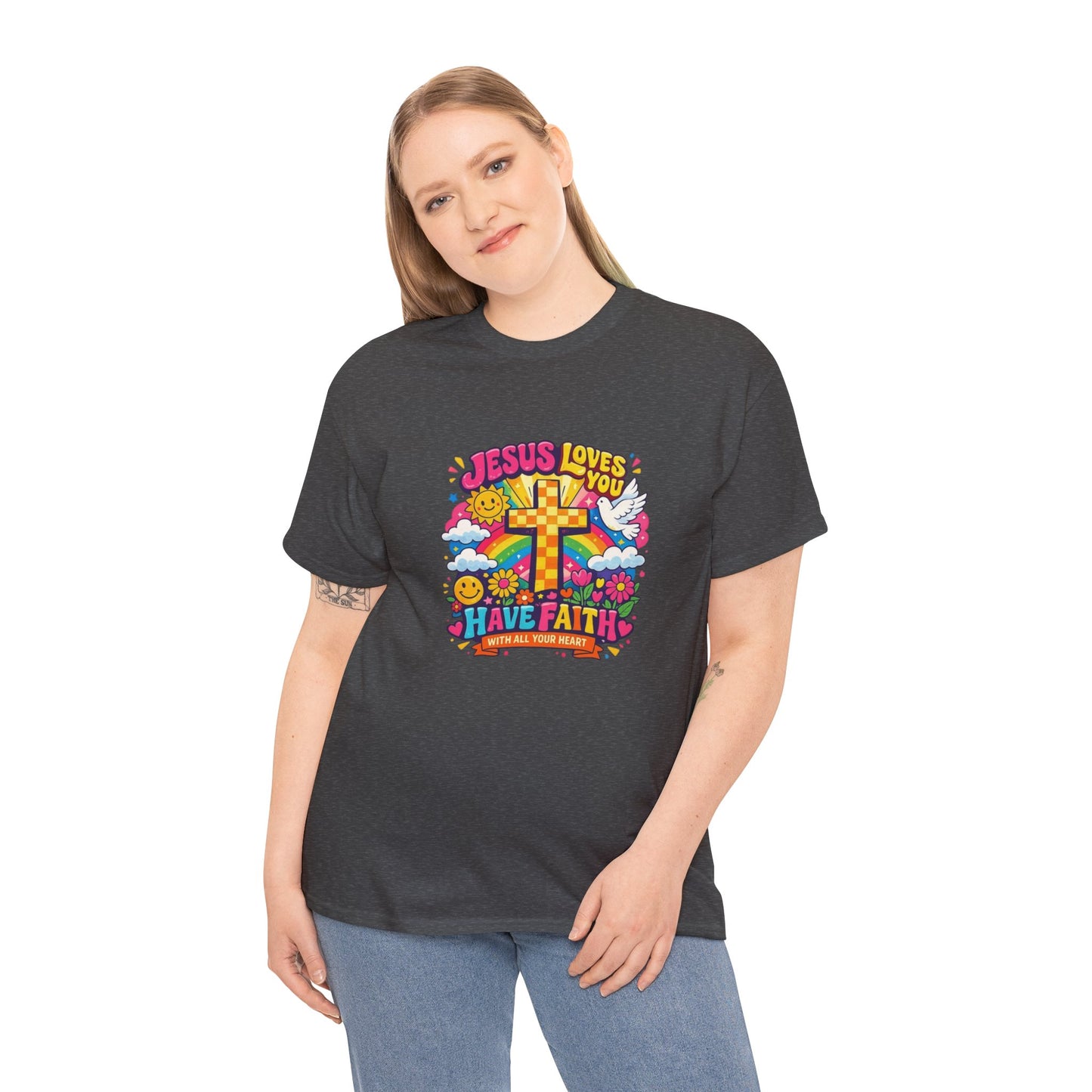 Christian Cross T-Shirt — "Jesus Loves You, Have Faith" Colorful Faith Tee