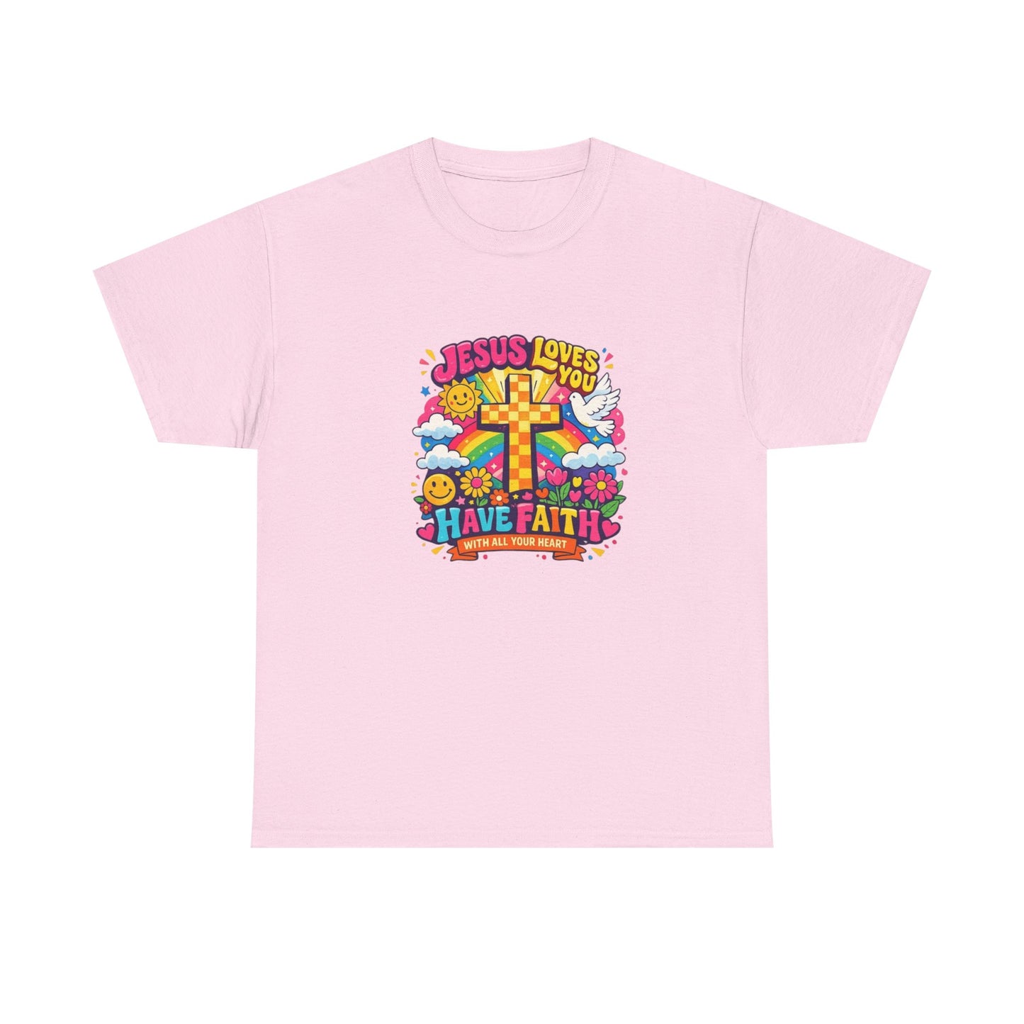 Christian Cross T-Shirt — "Jesus Loves You, Have Faith" Colorful Faith Tee
