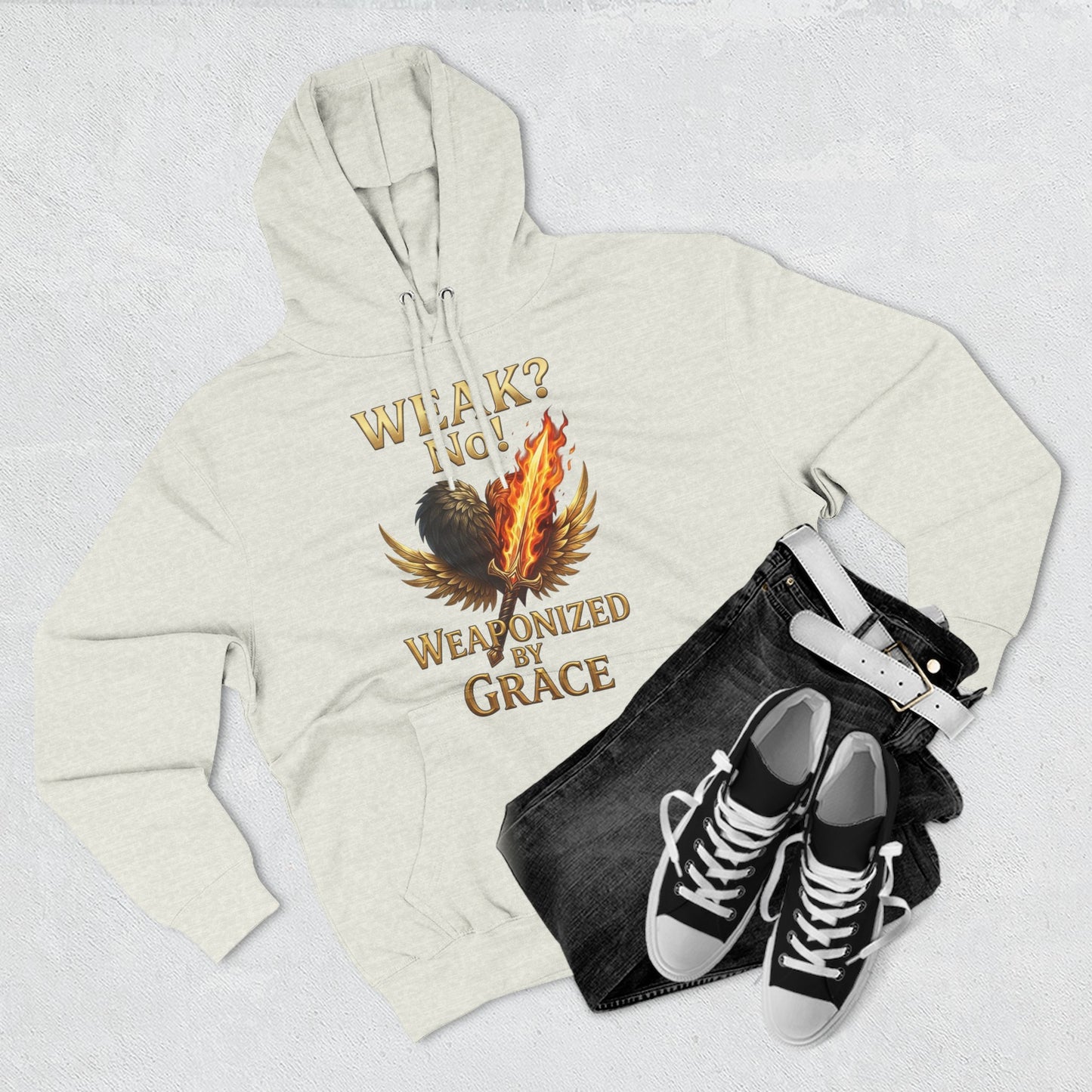 Hoodie - "Weak? No. Weaponized by Grace" Christian Inspirational Pullover