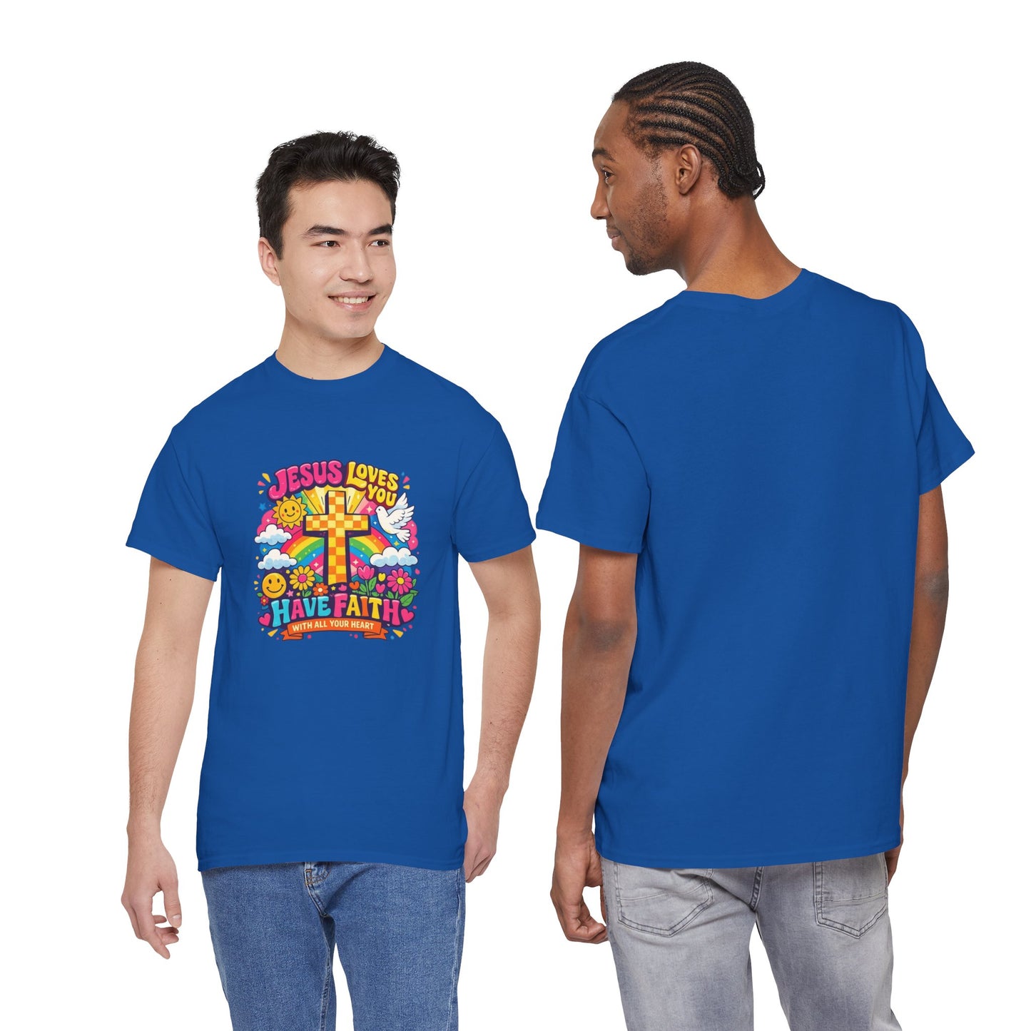 Christian Cross T-Shirt — "Jesus Loves You, Have Faith" Colorful Faith Tee