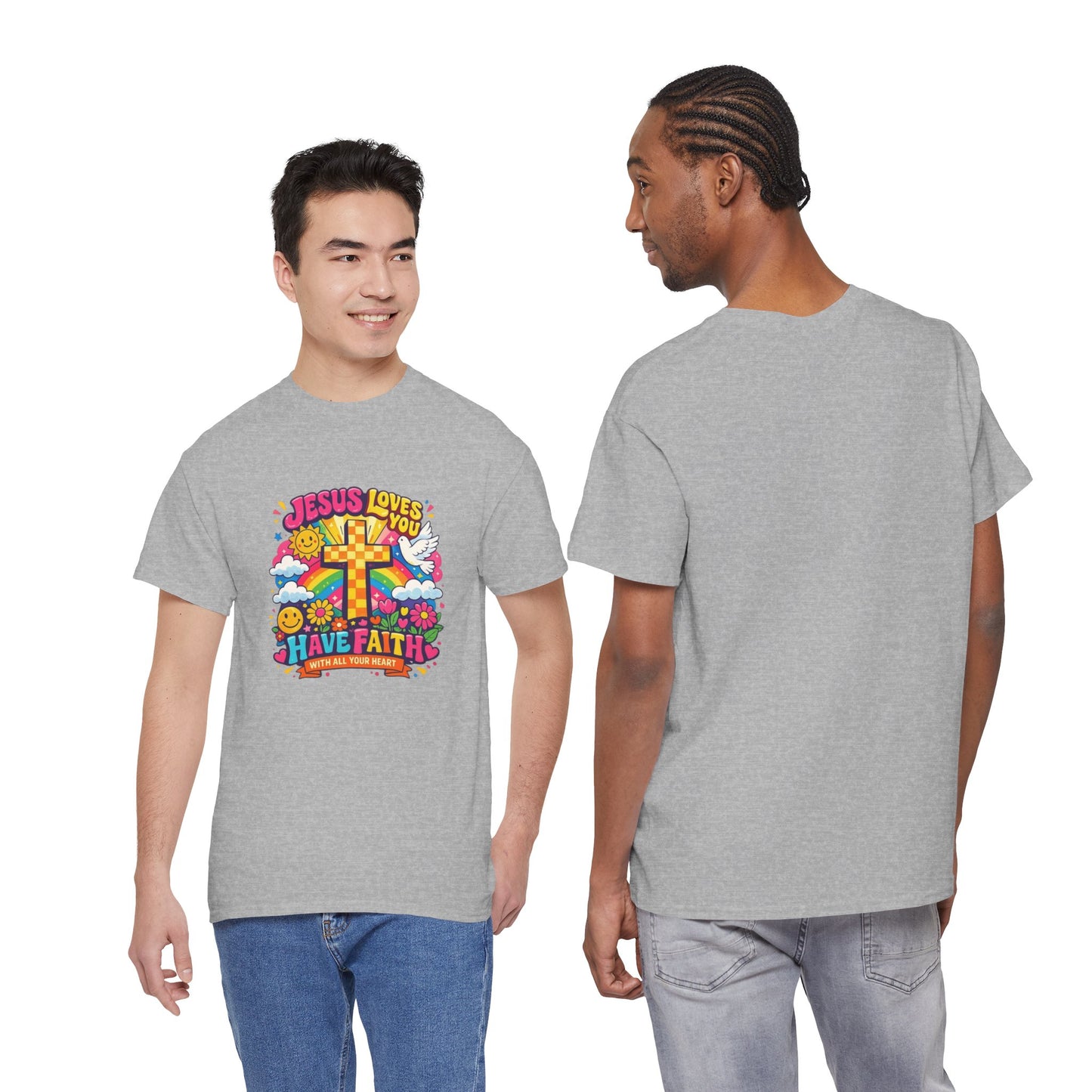 Christian Cross T-Shirt — "Jesus Loves You, Have Faith" Colorful Faith Tee