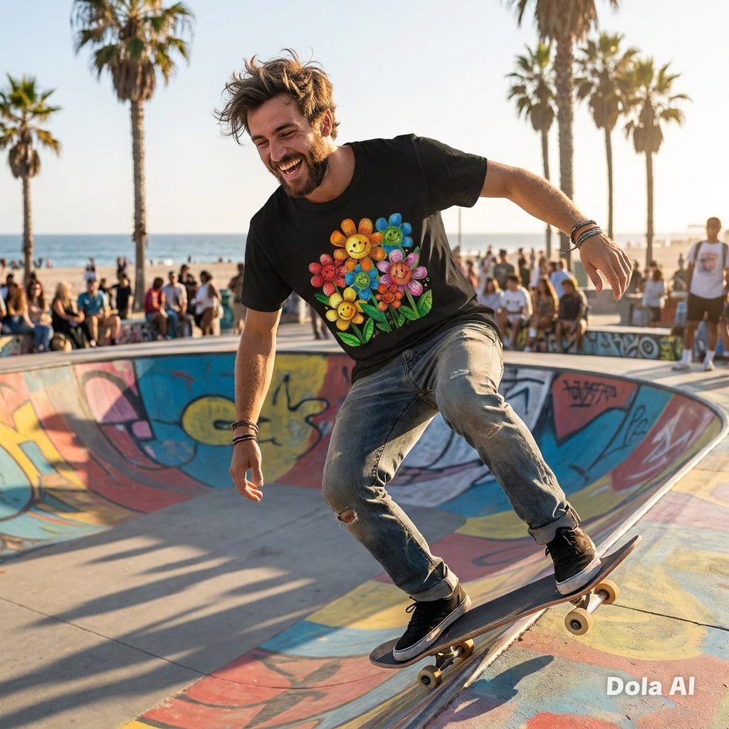 Smiling Rainbow Flower Graphic T-Shirt
