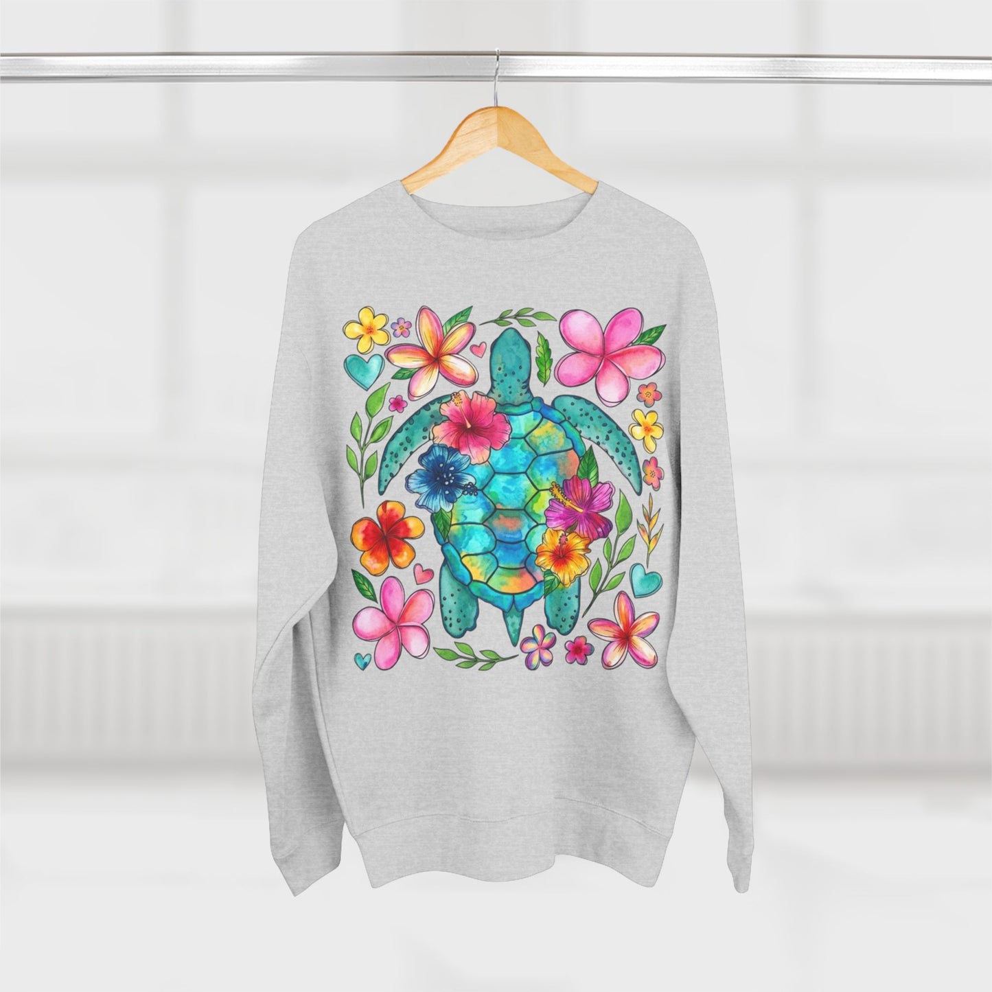 Floral Sea Turtle Sweatshirt — Colorful Watercolor Turtle & Flowers Crewneck