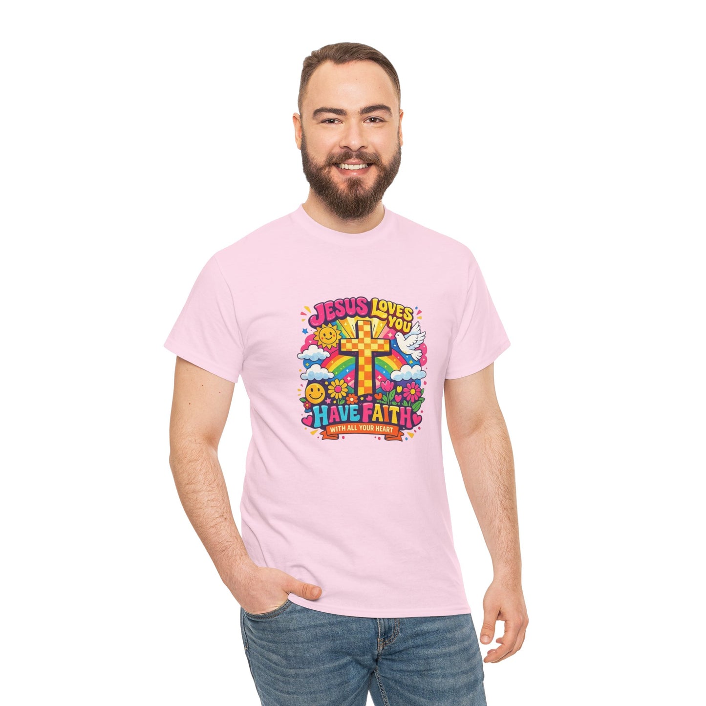 Christian Cross T-Shirt — "Jesus Loves You, Have Faith" Colorful Faith Tee