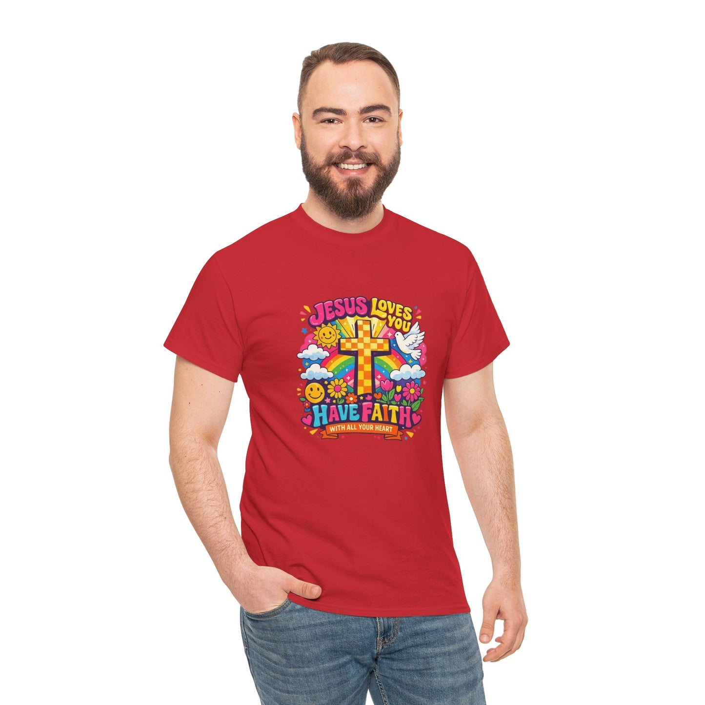 Christian Cross T-Shirt — "Jesus Loves You, Have Faith" Colorful Faith Tee