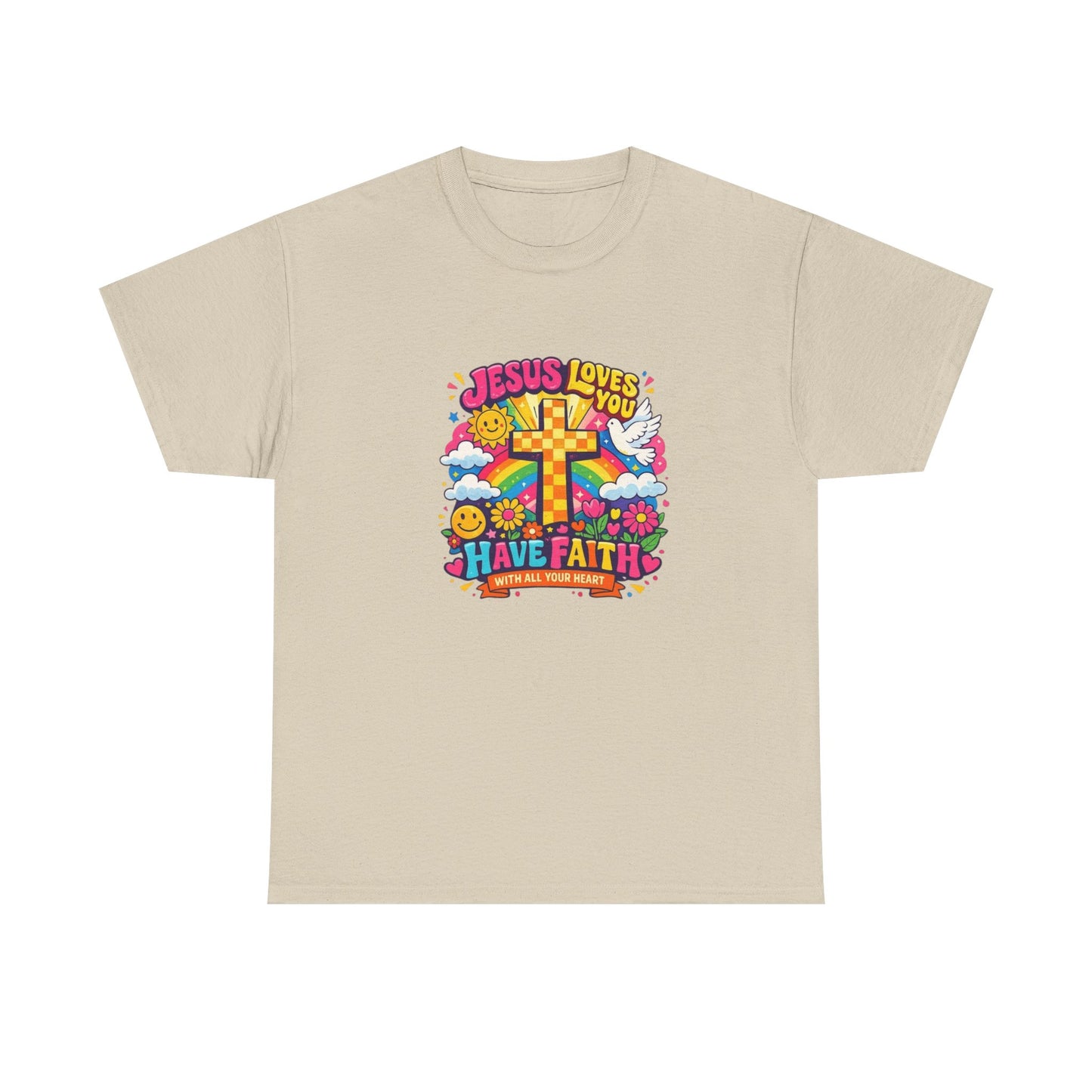 Christian Cross T-Shirt — "Jesus Loves You, Have Faith" Colorful Faith Tee