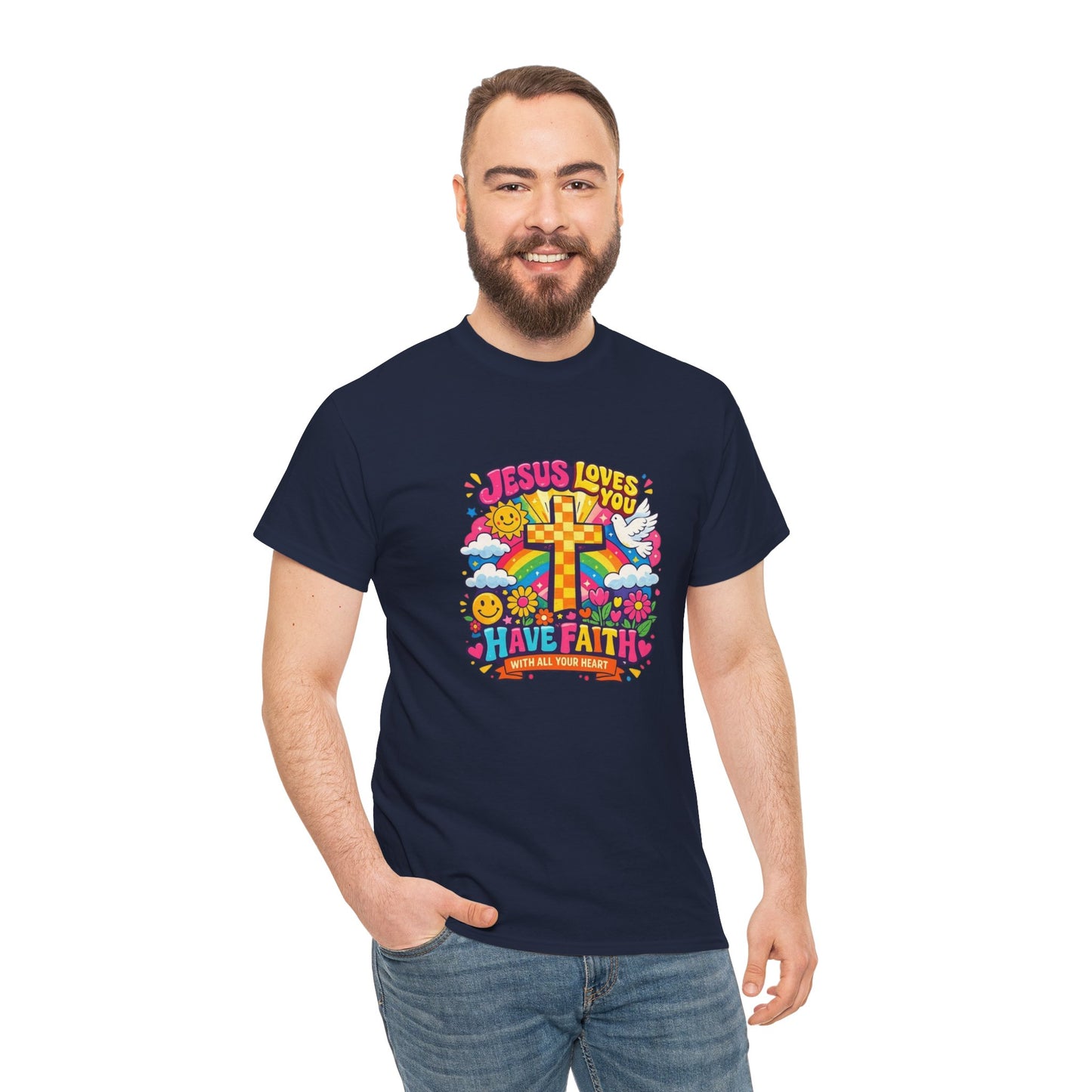 Christian Cross T-Shirt — "Jesus Loves You, Have Faith" Colorful Faith Tee