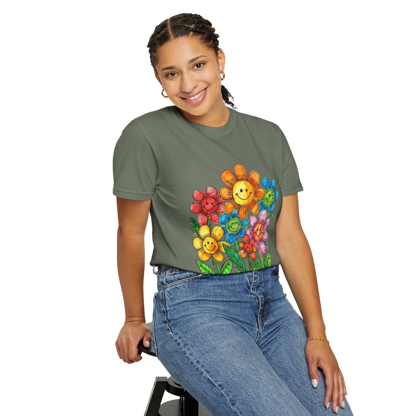 Smiling Rainbow Flower Graphic T-Shirt