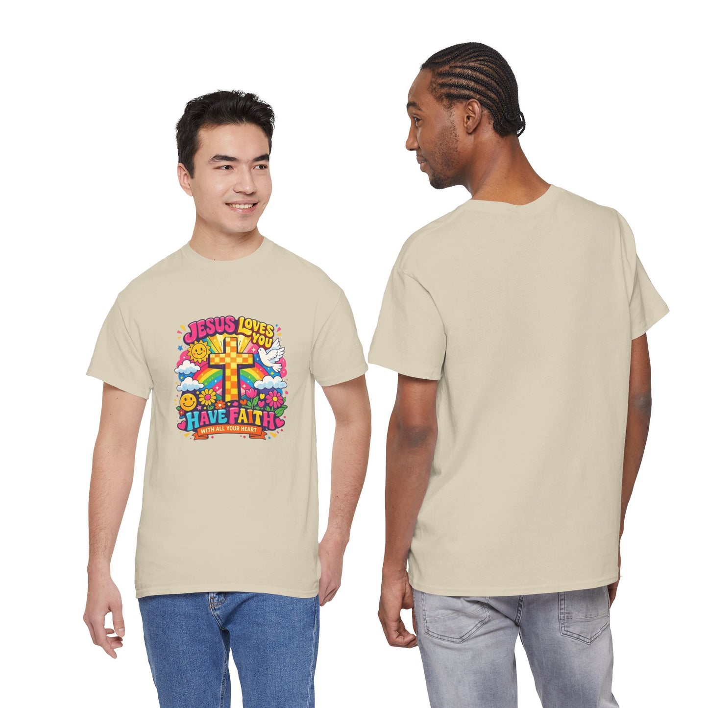 Christian Cross T-Shirt — "Jesus Loves You, Have Faith" Colorful Faith Tee
