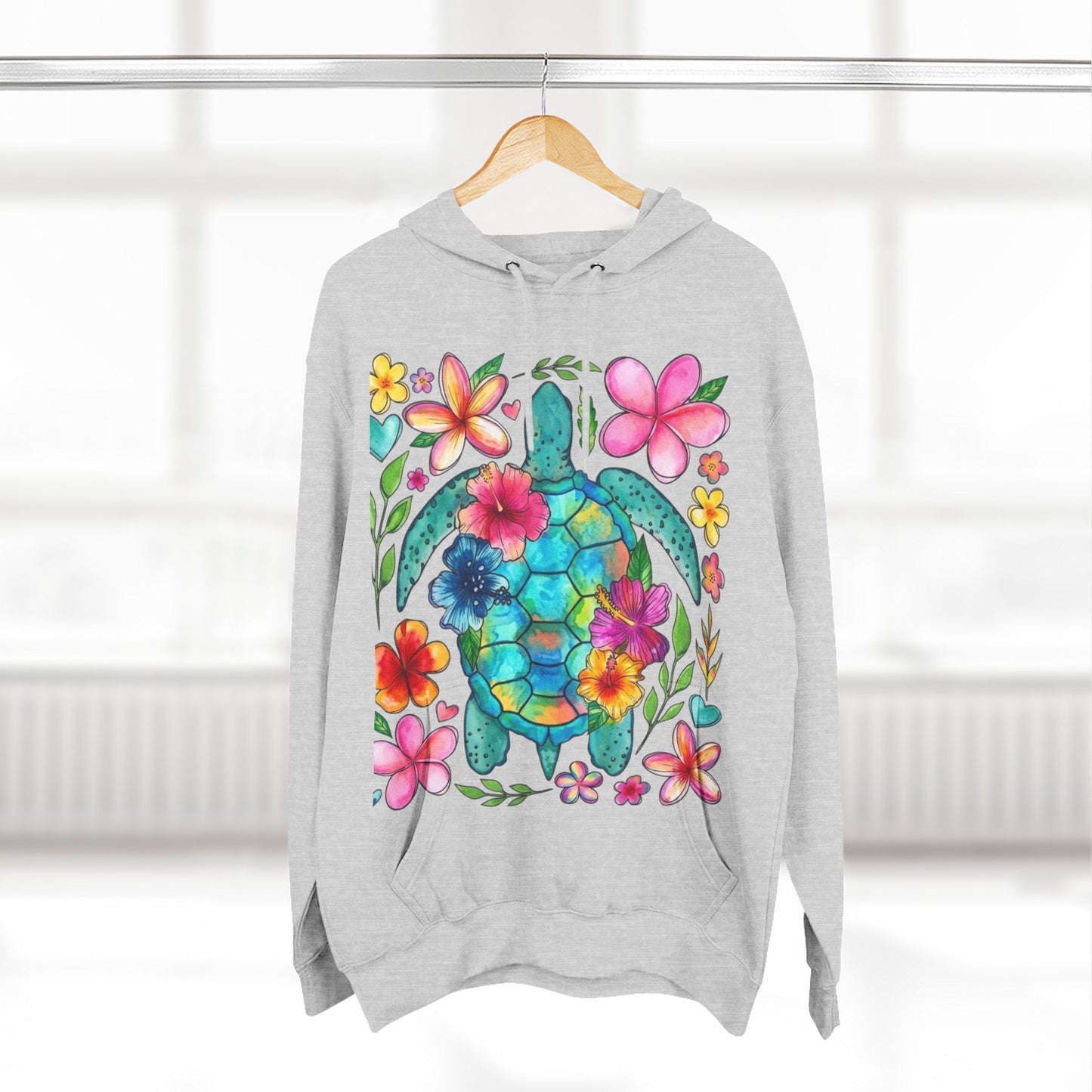 Turtle Floral Hoodie - Watercolor Sea Turtle with Tropical Flowers Fleece Pullover