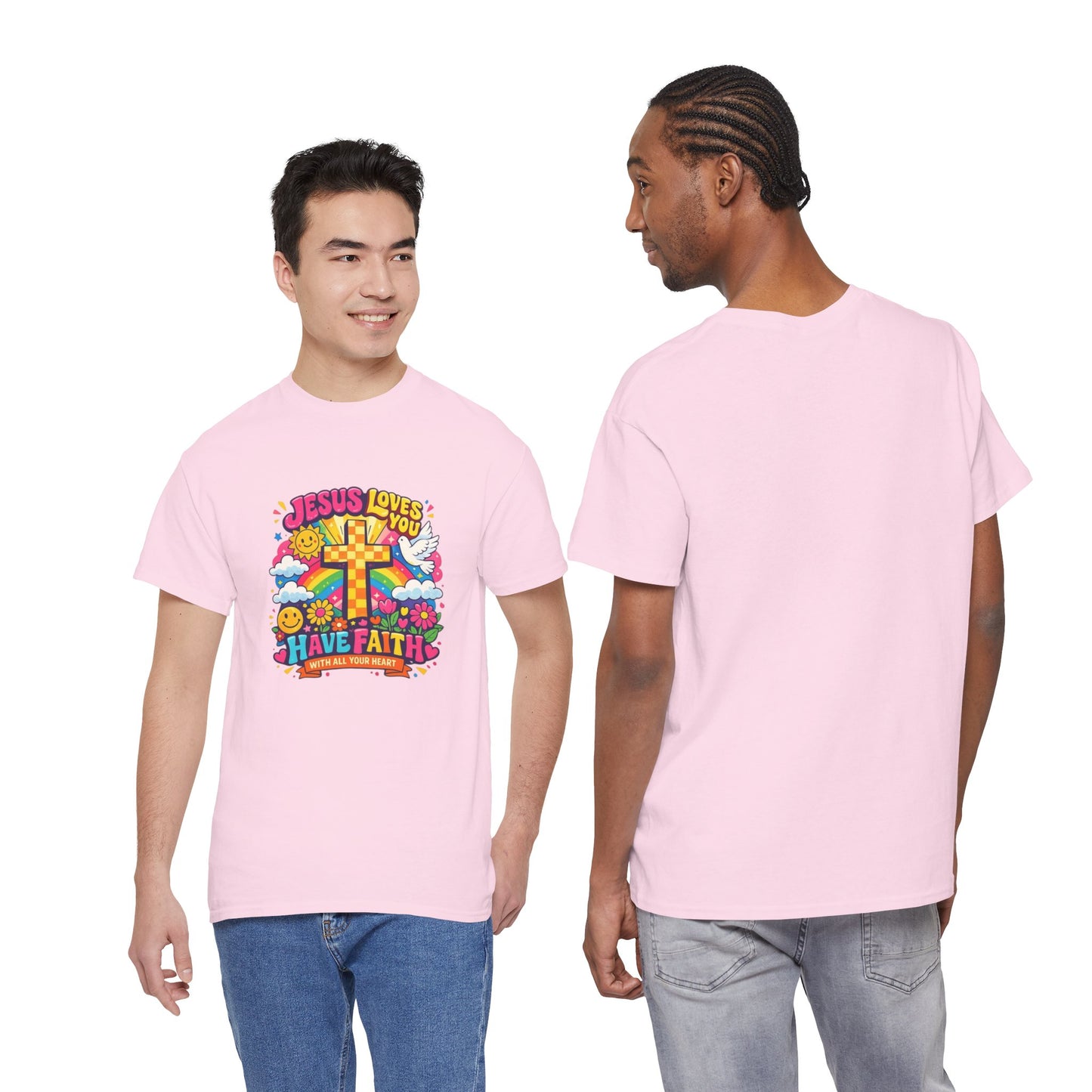 Christian Cross T-Shirt — "Jesus Loves You, Have Faith" Colorful Faith Tee