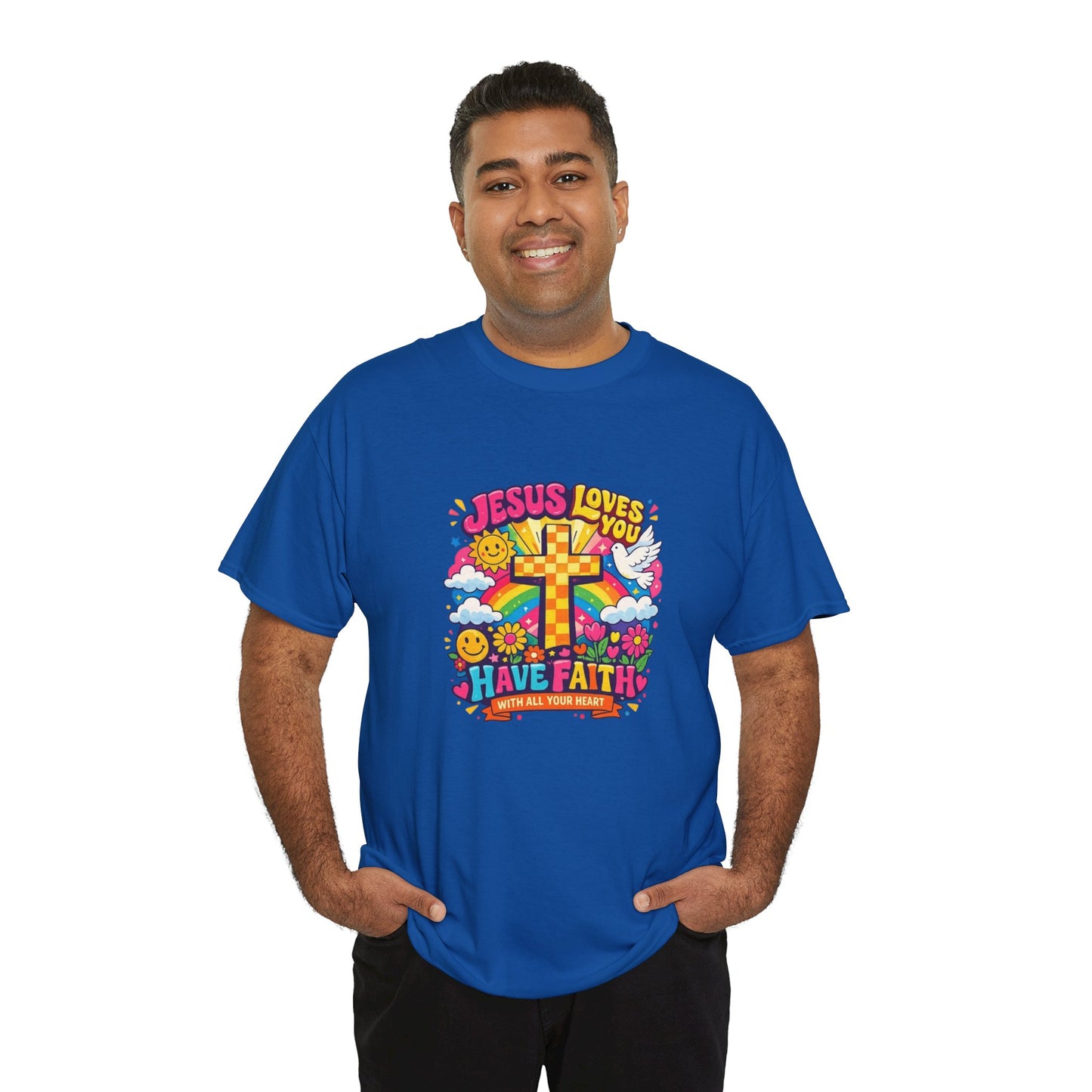 Christian Cross T-Shirt — "Jesus Loves You, Have Faith" Colorful Faith Tee