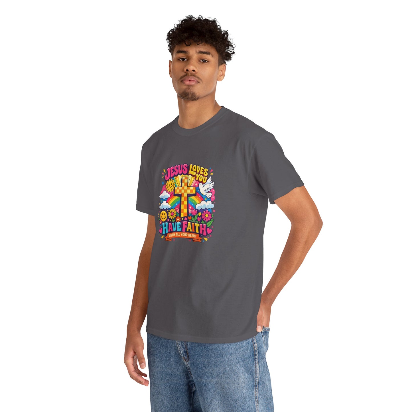 Christian Cross T-Shirt — "Jesus Loves You, Have Faith" Colorful Faith Tee