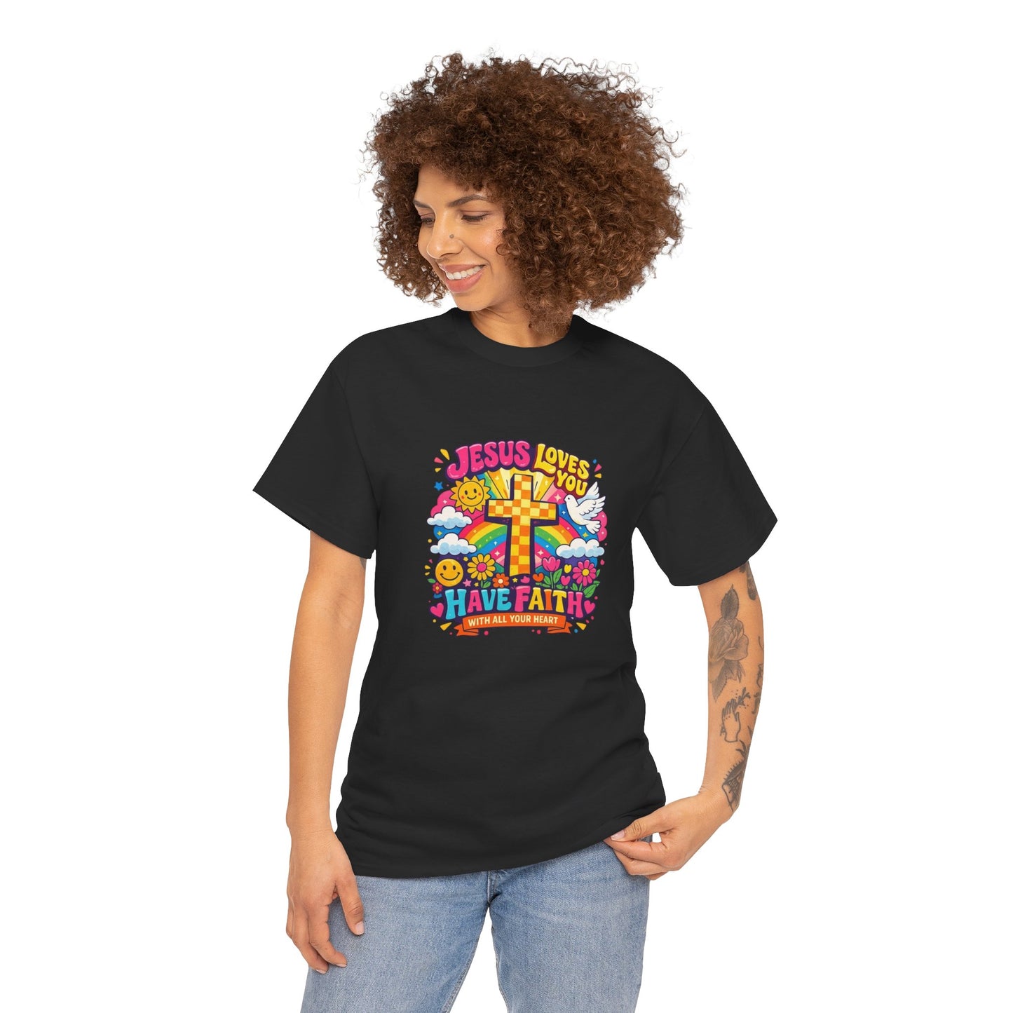 Christian Cross T-Shirt — "Jesus Loves You, Have Faith" Colorful Faith Tee